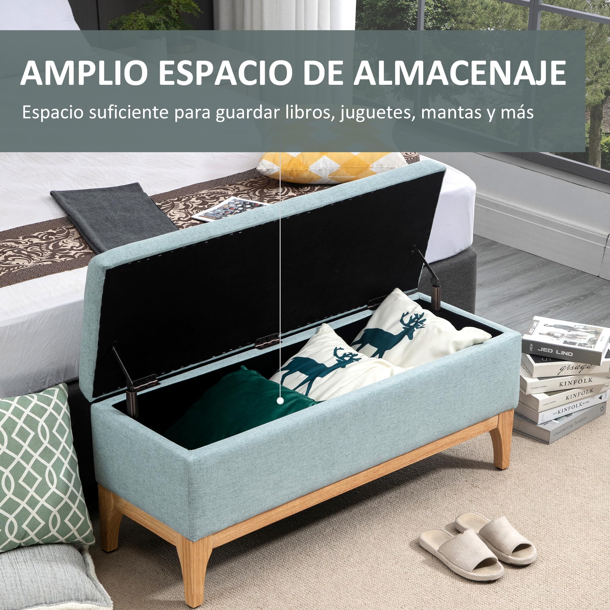 HOMCOM Baúl de Almacenaje para Dormitorio 72L Puff Almacenaje Tapizado en Lino Banco de Almacenaje con Patas de Madera y Almohadillas Ajustables para Entrada Salón 110x39x45 cm Gris Azulado