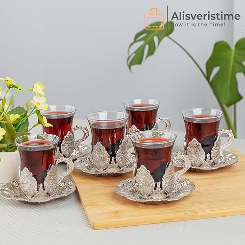 Miniatura 2 de Alisveristime (juego de 6 té turco con vasos acentuados en oro y platillos de zamac, elegante juego de servir (plateado)