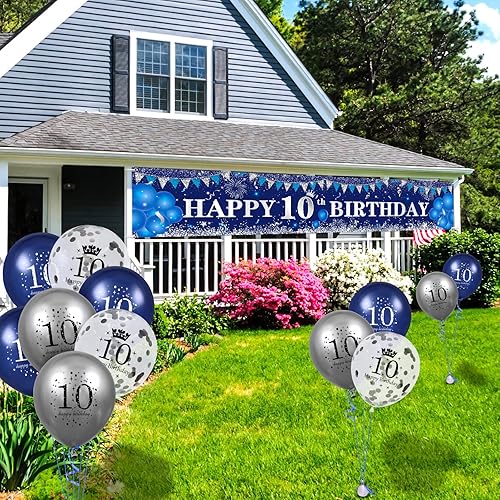 Miniatura 5 de Decoraciones azules de cumpleaños número 10 para niños y niñas, pancarta y globos de feliz cumpleaños número 10 azul marino y plateado para