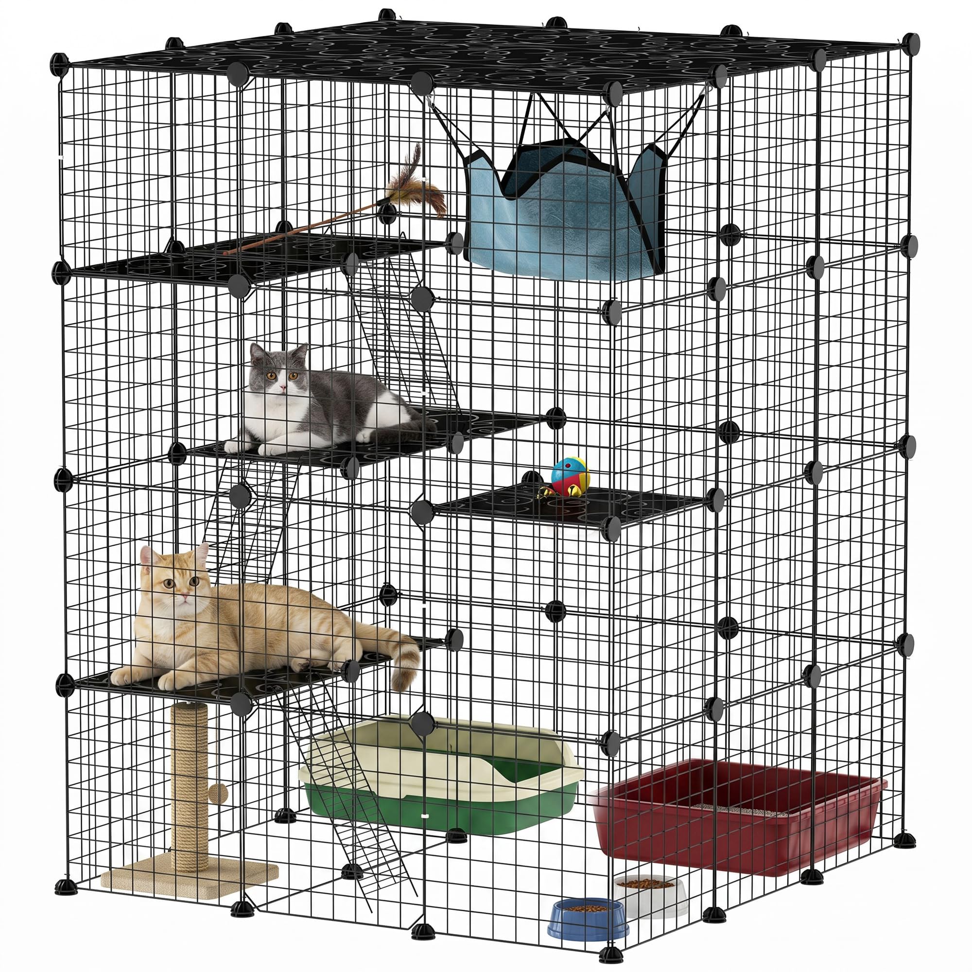 PawHut Katzenkäfig 4-stöckig für 1-3 Katzen 105 x 105 x 140 cm Schwarz