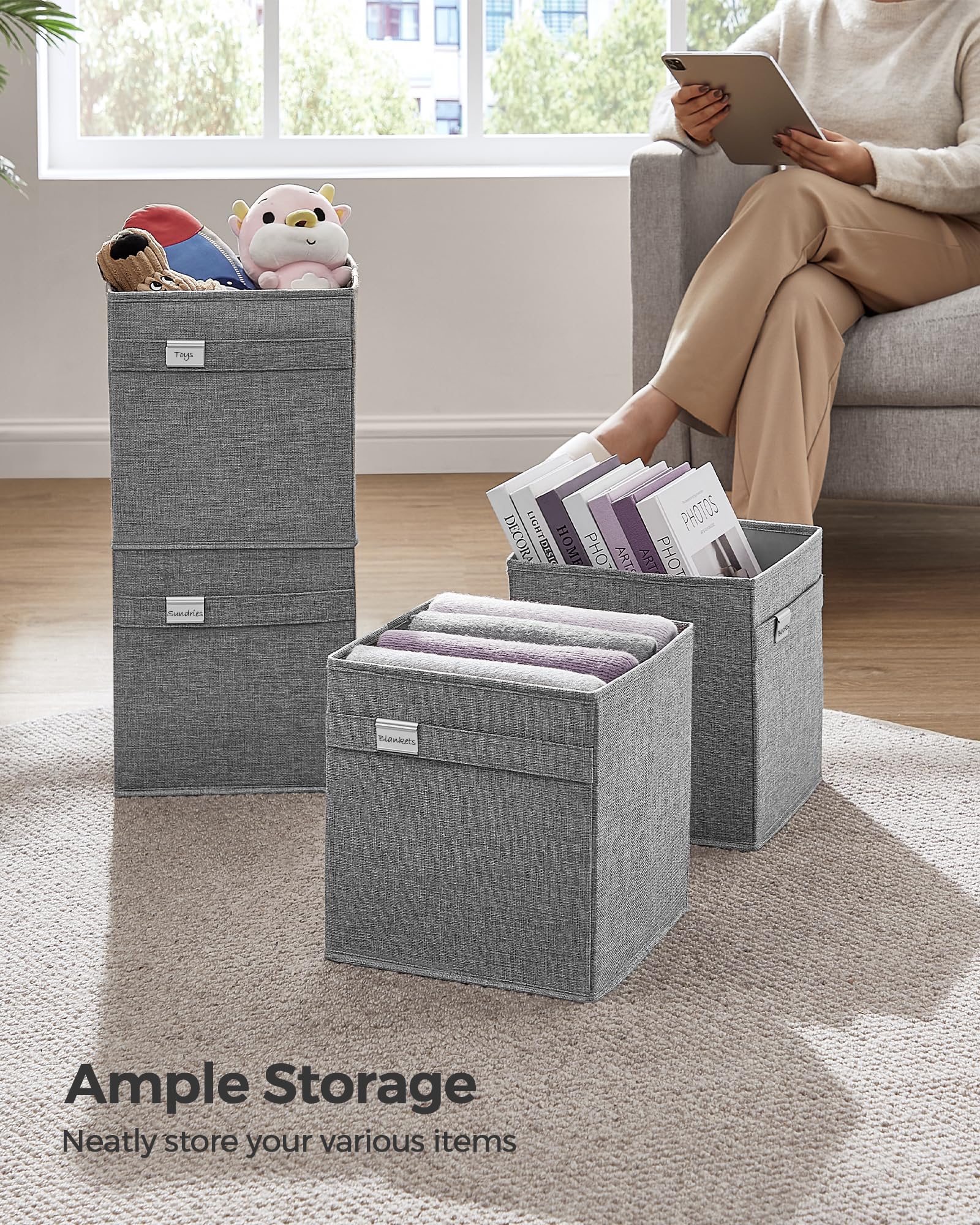 SONGMICS Storage Cubes, Set of 4 Cube Storage Bins, 10.2 x 10.2 x 11 Inches, 2 Handles, Oxford Fabric and Linen-Look Fabric, Easy to Clean, Foldable, Metal Label Holders, Dove Gray UROB226G04