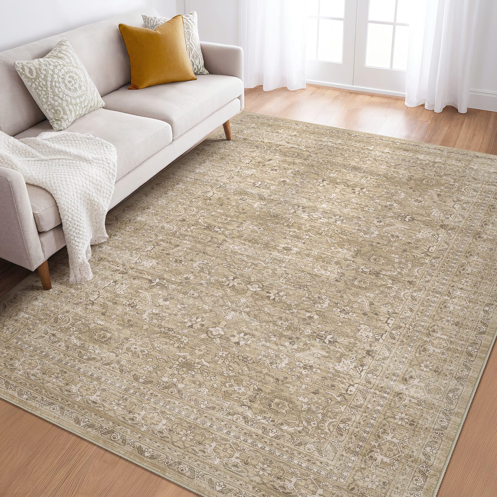 LOONGRUG 6x9 Area Rug Washable Vintage Floral Living Room Rug Brown