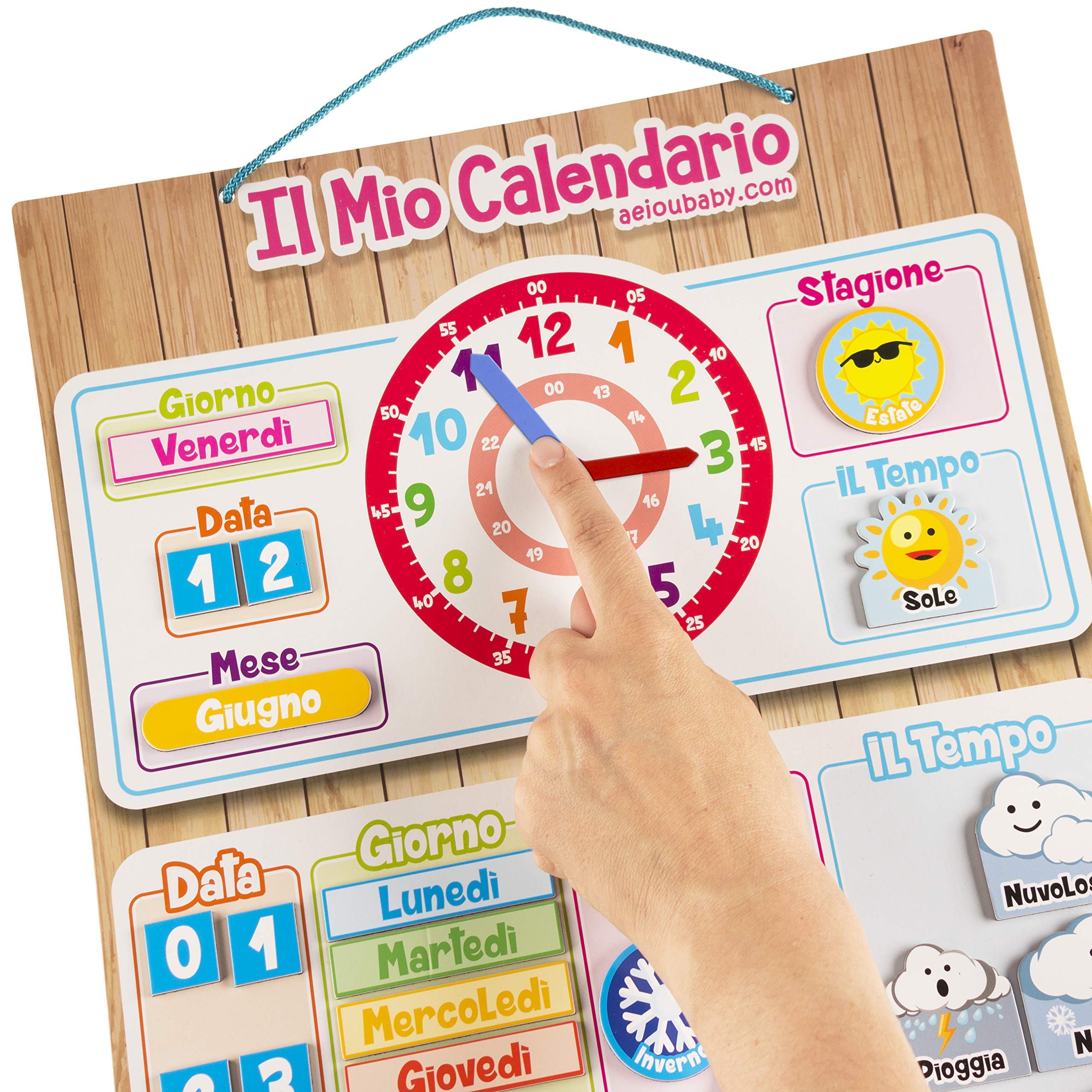 CALENDARIO OROLOGIO magnetico per bambini, Gioco educativo Data Tempo e Ora per Parete o Frigorifero, 43x32cm. Scatola ideale come regalo di compleanno per bambini a scuola o asilo nido (Italiano)