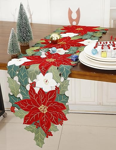 Miniatura 6 de GRANDDECO Camino de mesa navideño para fiestas de granja, bordado de flores de Pascua de Navidad, bufandas de tocador para el hogar, cocina, mesa de