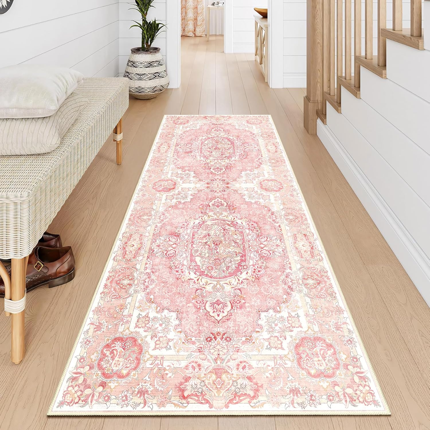 Boho Washable Runner Rug 2x6, Vintage Floral Low Pile Non Slip Rug for Hallway Entryway Kitchen Bedroom, Soft Farmhouse Decorative Carpet,Blush Pink