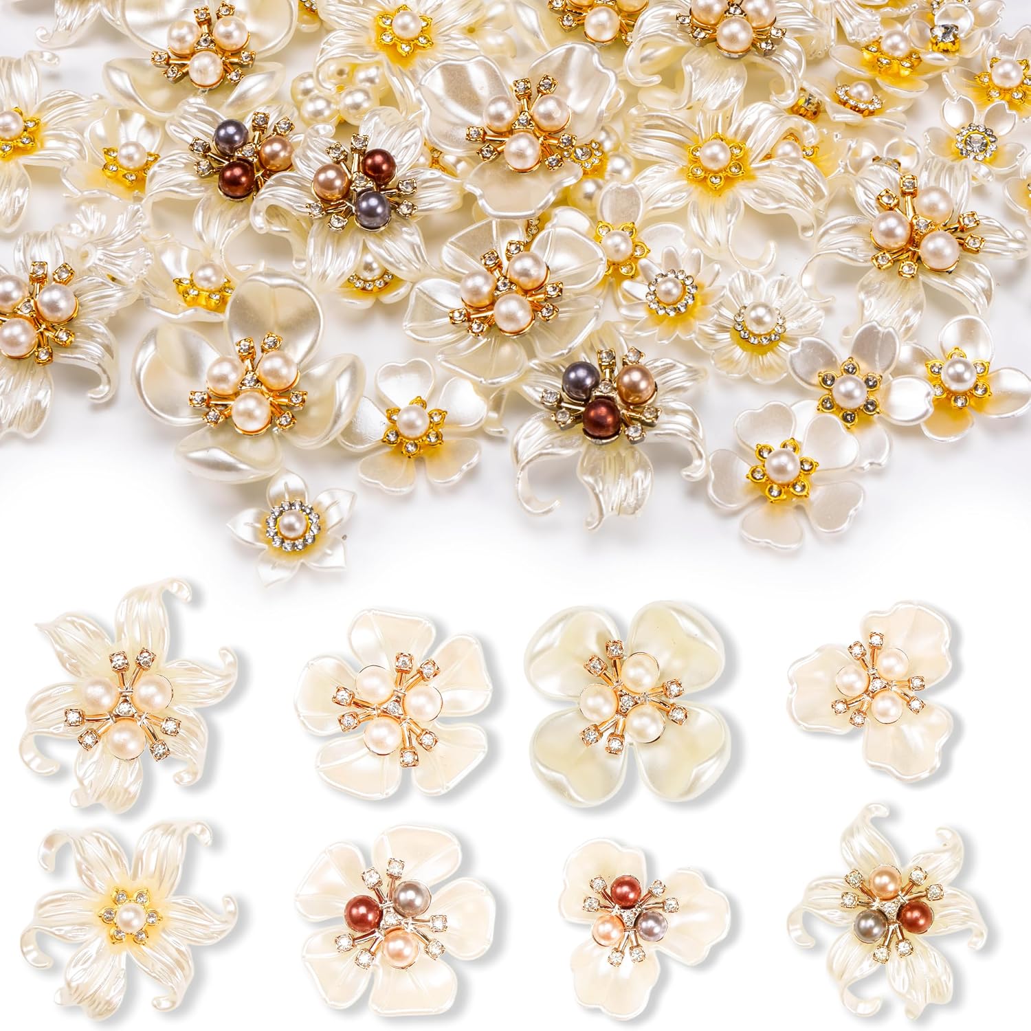 28Pcs Rhinestone Buttons and Faux Pearl Flower Embellishments for Crafts, Flatback Flower Decorations Bulk for Jewelry Making, DIY, Clothes Bags Shoes Supplies, 25 Styles