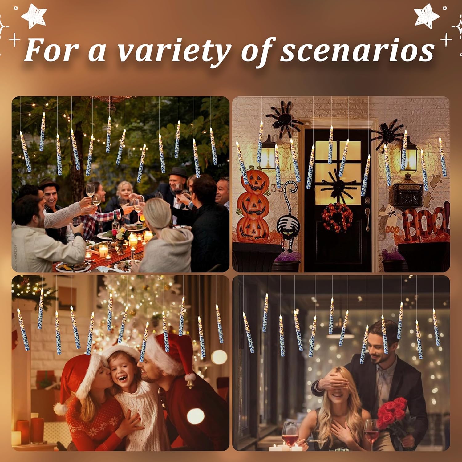 Blue and White Flameless Taper Candle 12 Pack Floral LED Magic Hanging Candle Battery Operated Floating Candles Floating Candles with Wand Remote Timer for Mother's Day Home Wedding Garden Party Decor