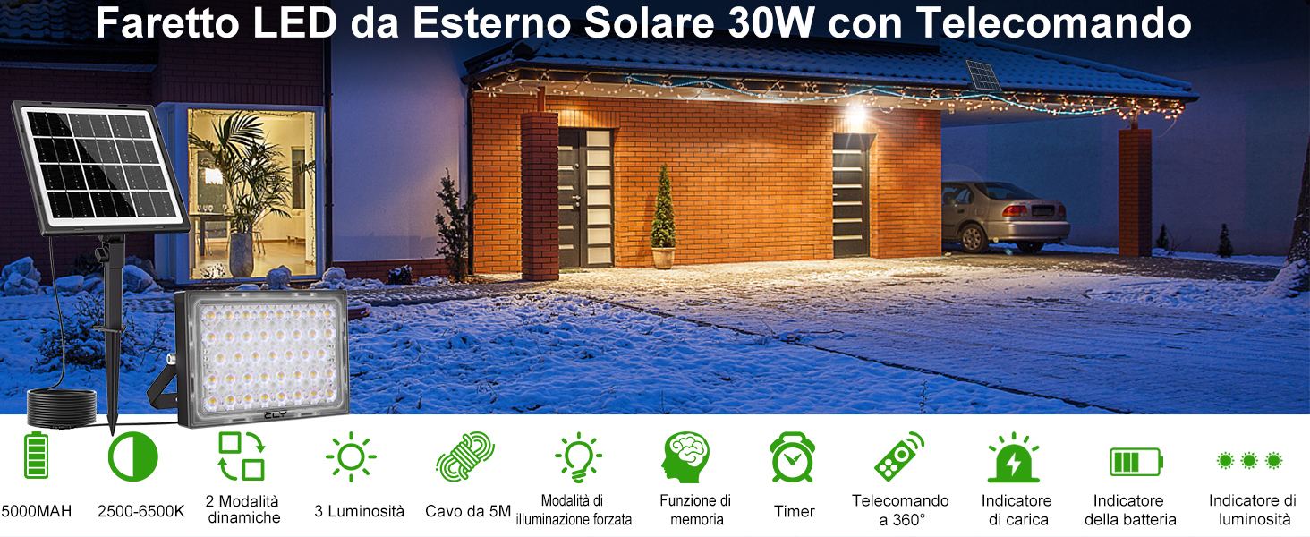 Faretto Solare Esterno 30W CLY Con Sensore Movimento | 2600LM, IP66 | Per Giardino E Garage - Foto 12