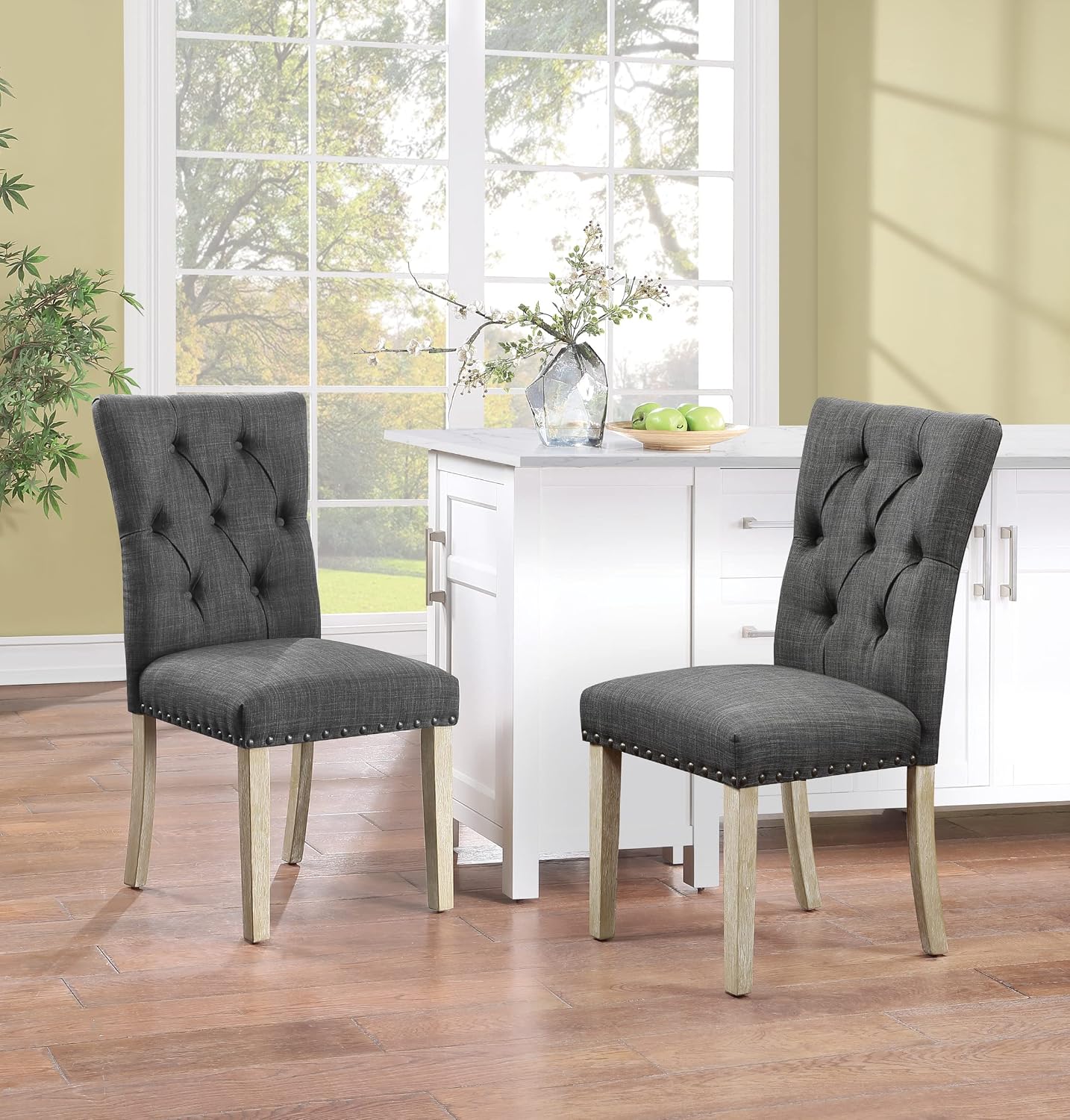 OSP Home Furnishings Preston Dining Chair 2-Pack with Button Tufted Back and Antique Bronze Nailhead Trim, Charcoal Fabric