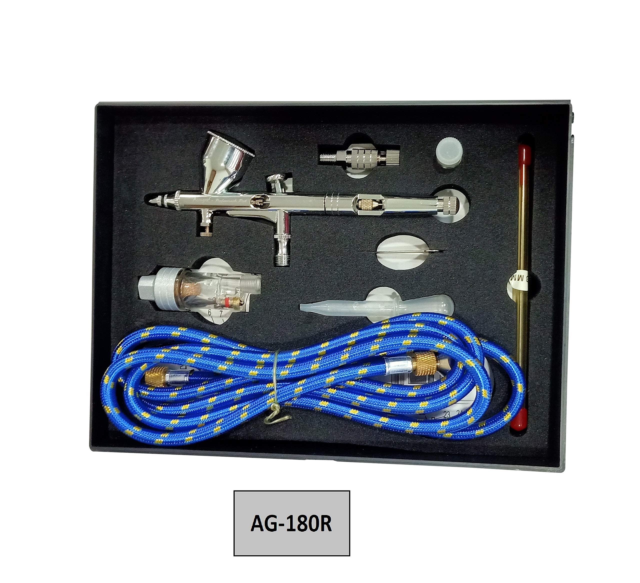 Aerograph Mini Oil-Less Air-Compressor with Tank and AG-180R Set 0.3mm,& 0.5mm Dual Action Gravity Feed Airbrush with Hose Pipe (6ft) 1
