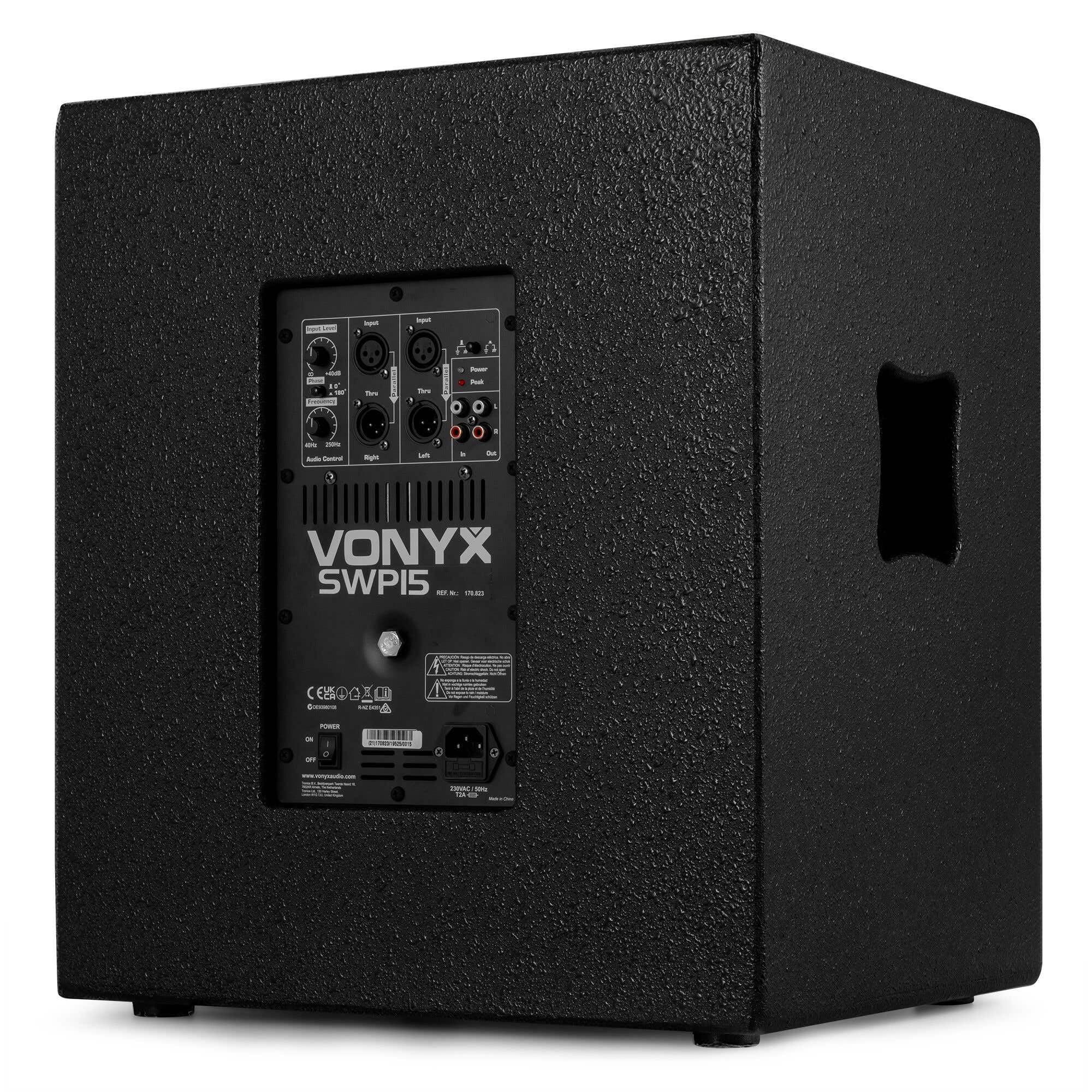 VONYX SWP15 Caisson de Basse Actif 800W, Phase Réglable, Entrée/Sortie XLR + RCA, Amplificateur Intégré, Insert sur la Face Supérieure pour Enceinte Active, Grave 15", Idéal pour DJ Mobile
