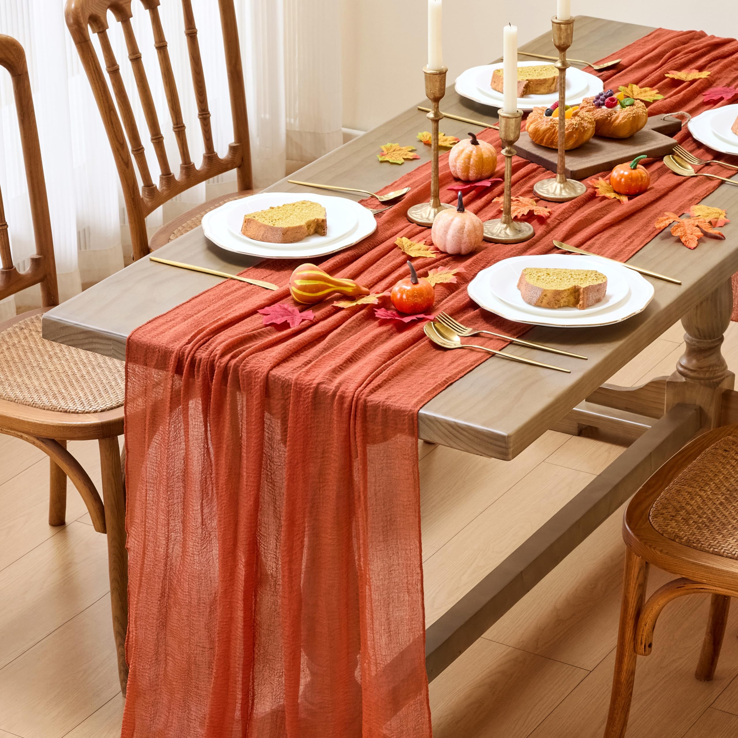 MAIBAOTA 300cm Autumn Terracotta Cheesecloth Table Runner Boho Rustic Gauze Table Decorations for Cosy Farmhouse Dining Table Decor Halloween Party Tablescape Wedding Seasonal Home Styling