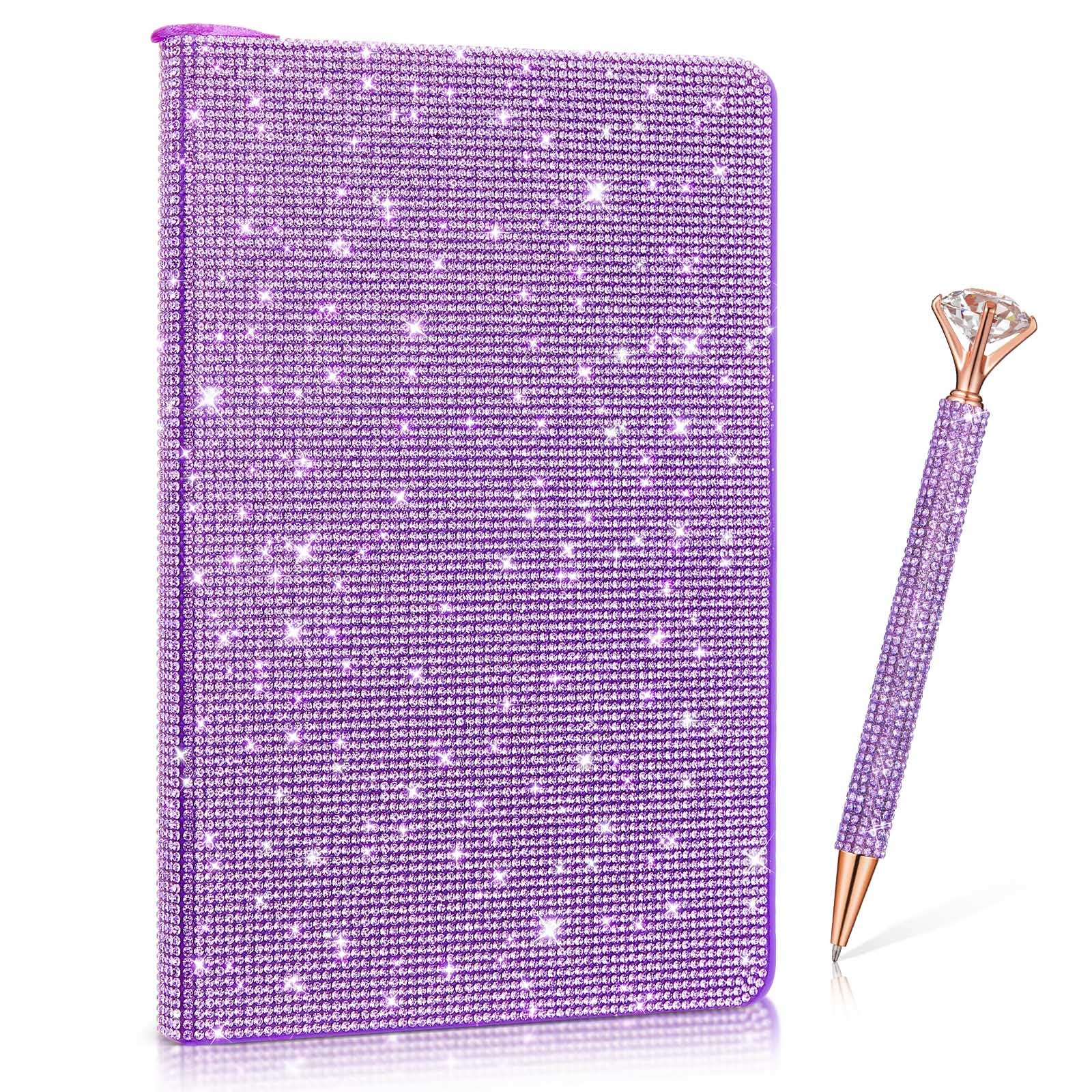 Resholder Bling Pocket Rhinestone Notebook Pen Sets, Mini Diamond Hard Cover Glitter Office Desk Accessories for Women (A5, Purple)