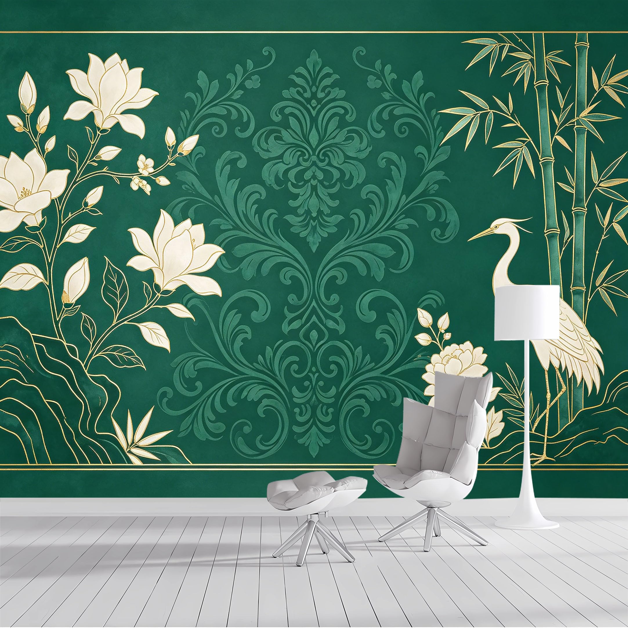 Custom Size Wall Mural White Crane Bamboo Floral Oriental Asian Watercolor SelfAdhesive Wall Fabric Removable Peel and Stick Wallpaper Wall Decor for Living Room Bedroom Bathroom