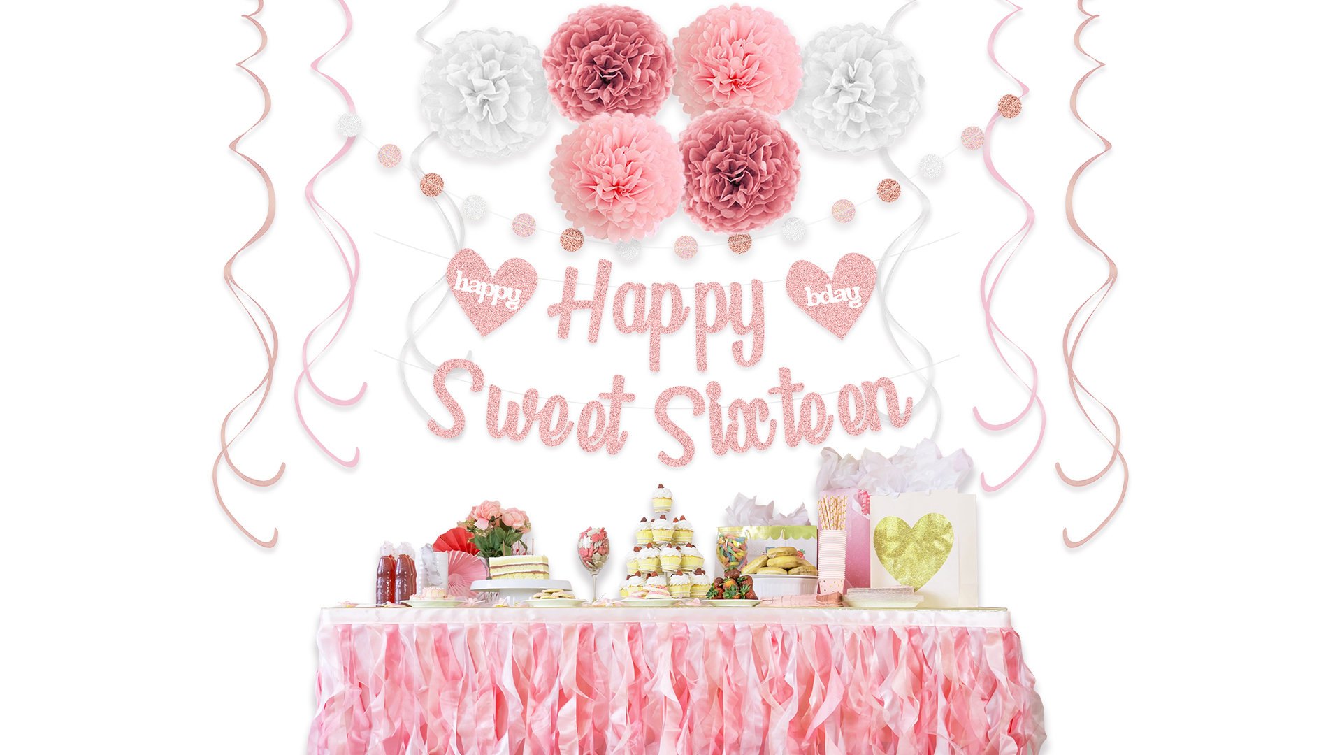 Maicaiffe Rose Gold Glitter Sweet 16 Banner - Happy 16th Birthday Decor For Girls