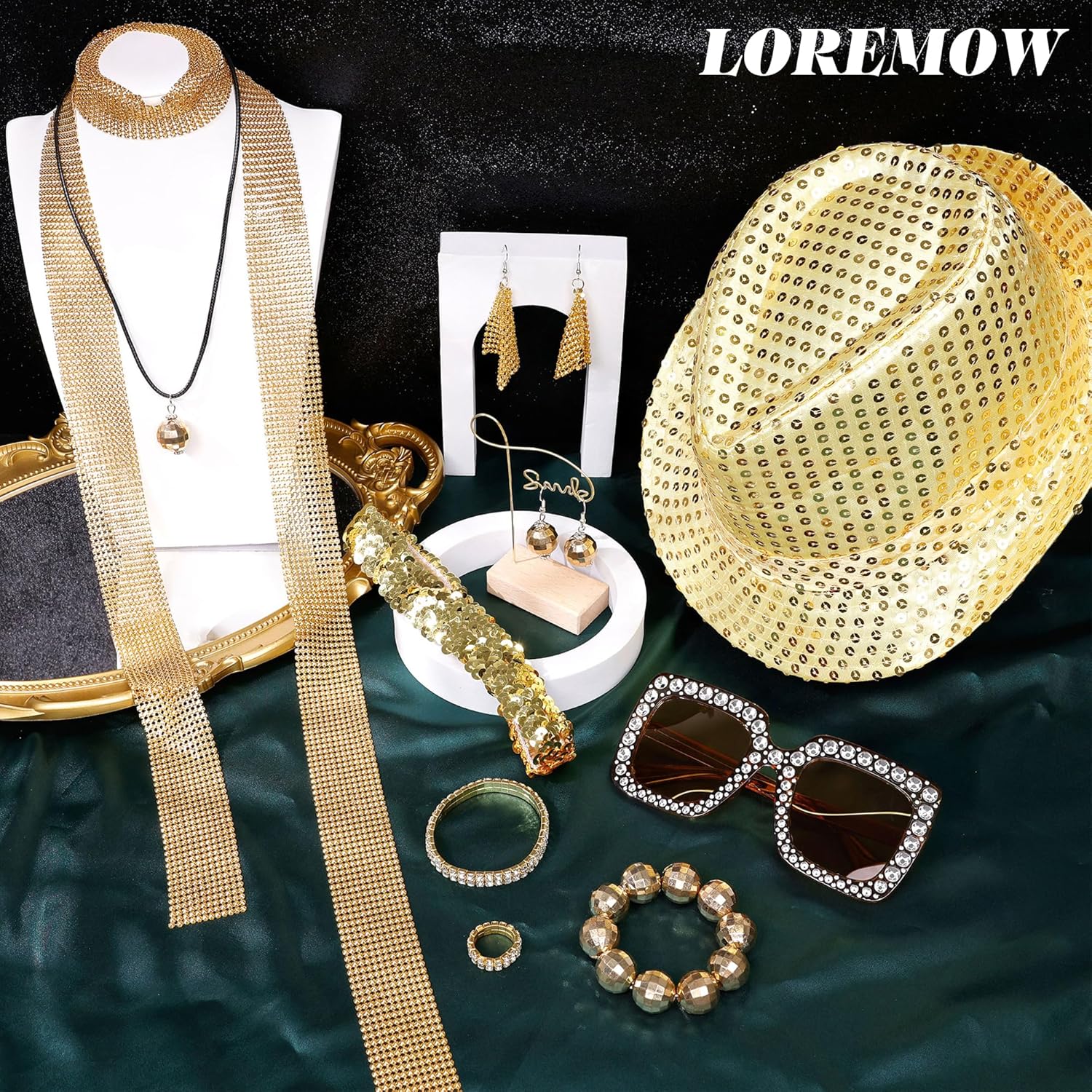 12 Pcs Disco Costume Accessories Set for Women Sequin Hat Scarf Headband Sunglasses 70s Retro Theme Bracelet Ring Necklace Earrings for Halloween Costume Party - Image 3