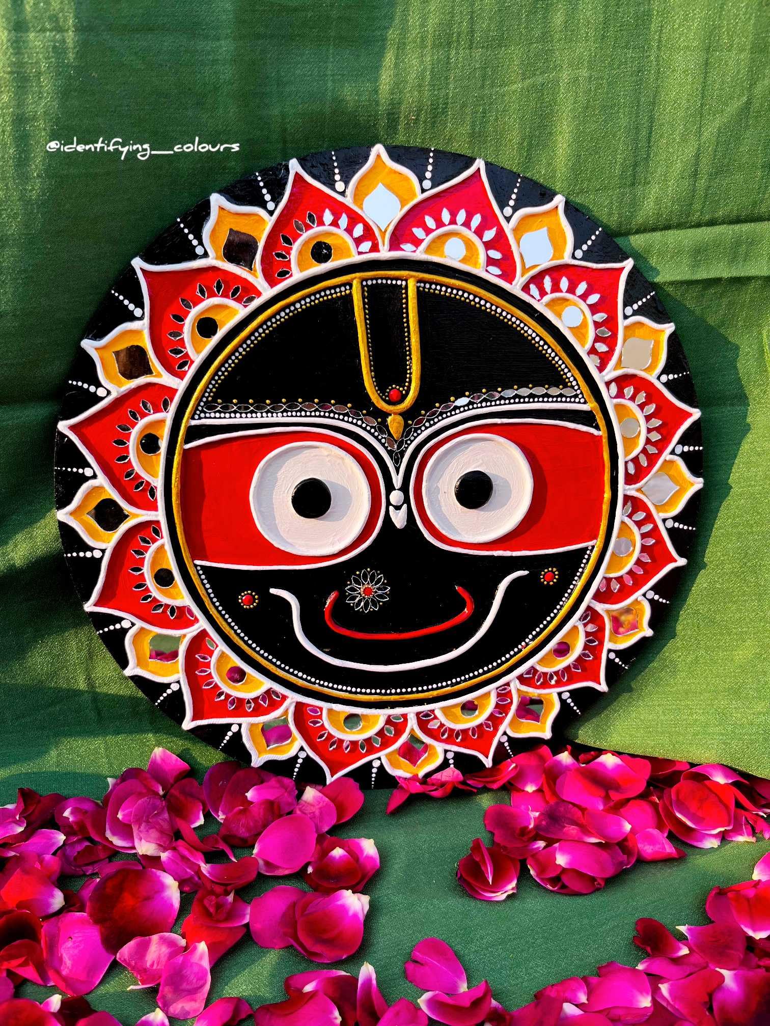 Lord Jagannath Lippan Art Wall Plaque, Handcrafted Clay Relief with Mirror Work, MDF Base, Black and Red Mandala Design-image-47