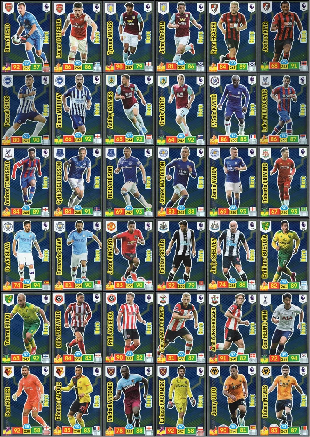 Panini Adrenalyn XL PREMIER LEAGUE 2019/20 FULL SET OF THIRTY SIX (36) HERO TRADING CARDS