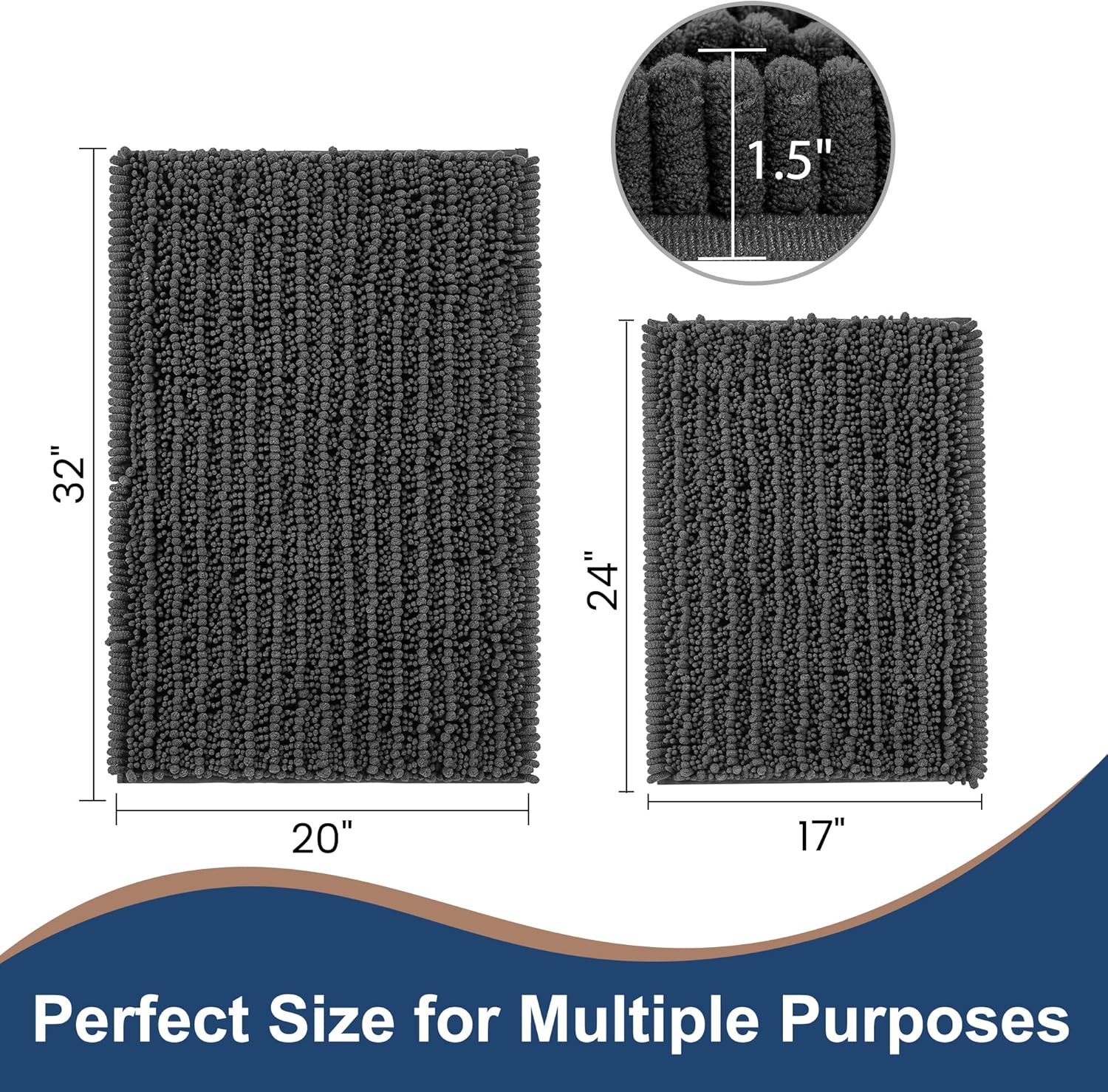 FLOLEOPA Luxury Chenille Charcoal Grey Bathroom Rugs Bath Mats Sets, Extra Soft and Absorbent Bathroom Rugs Non Skid Machine Wash Dry Bath Mats（32"x20" Plus 17"x24"）
