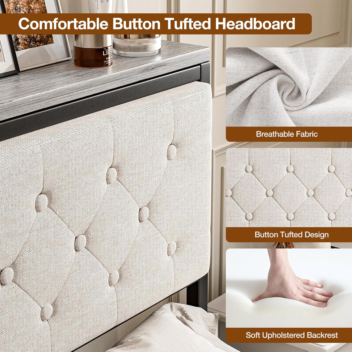 IKIFLY King Headboard with Storage and Charging Station, Upholstered King Size Storage Headboard Only with Bed Frame Brackets Adapter, Button Tufted Design, Easy Assembly, Beige