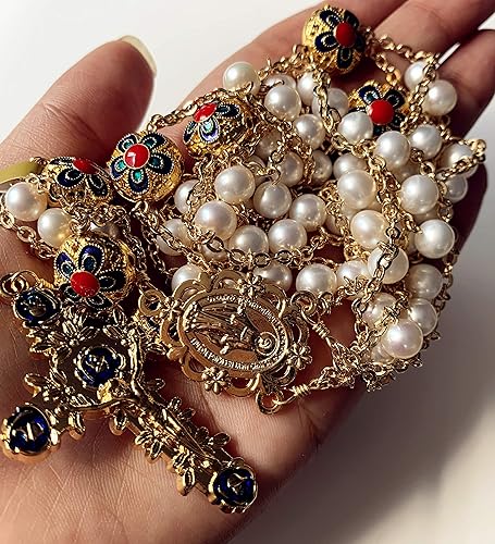 Miniatura 5 de elegantmedical Hecho a mano 18K chapado en oro de la escalera al cielo perla y esmalte perlas católica rosario crucifijo collar caja, Cobre