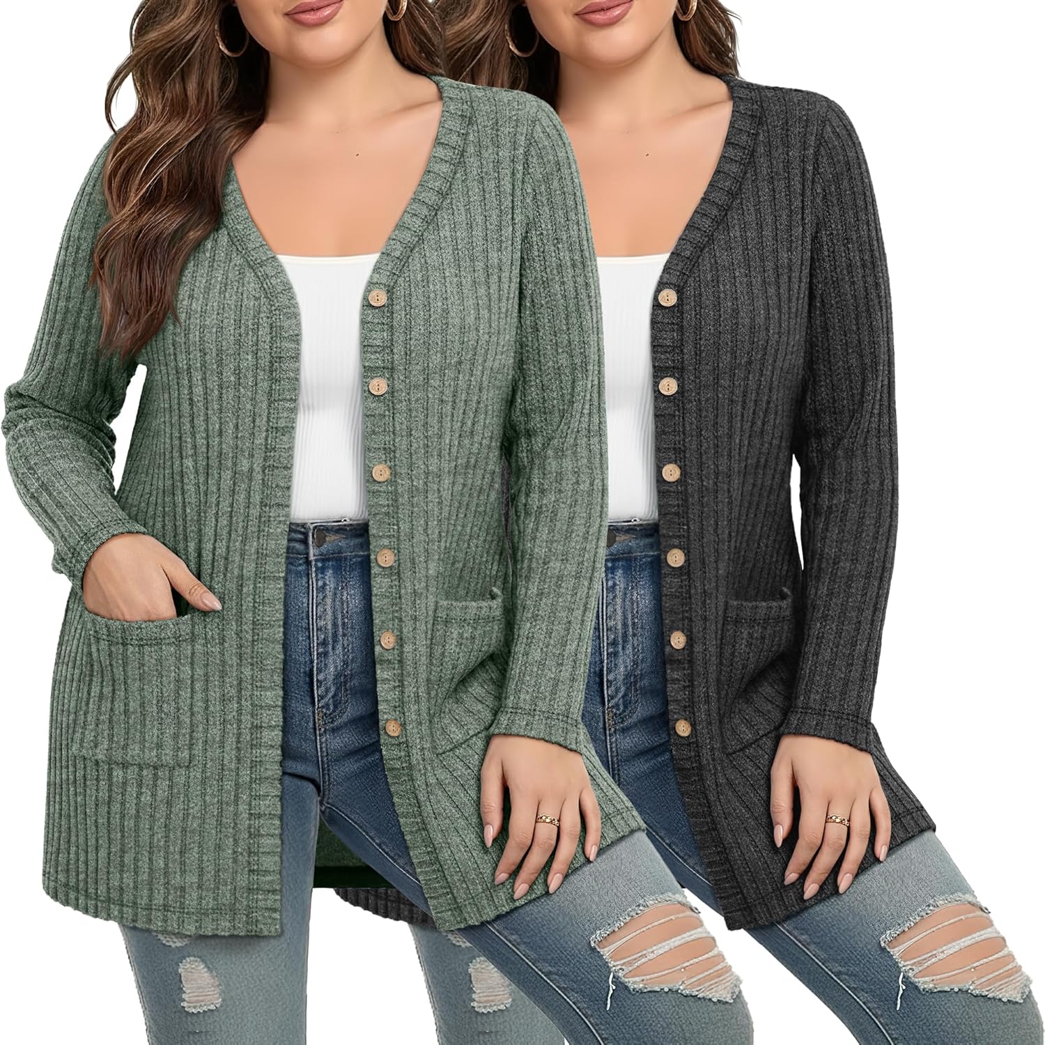 Huukeay 2 Pack Women's Plus Size Cardigan Open Front Long Sleeve Button Down Knit Casual Sweater Coat with Pockets