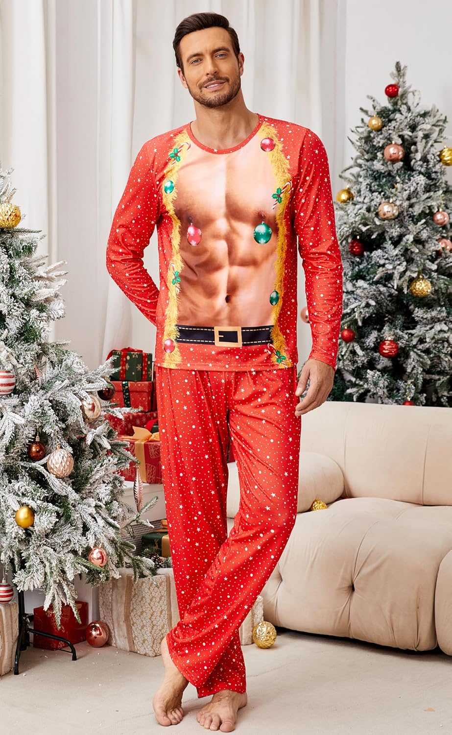 Couple Ugly Christmas Pajamas Set Long Sleeve Pjs for Women Men Sleepwear Jammies Party