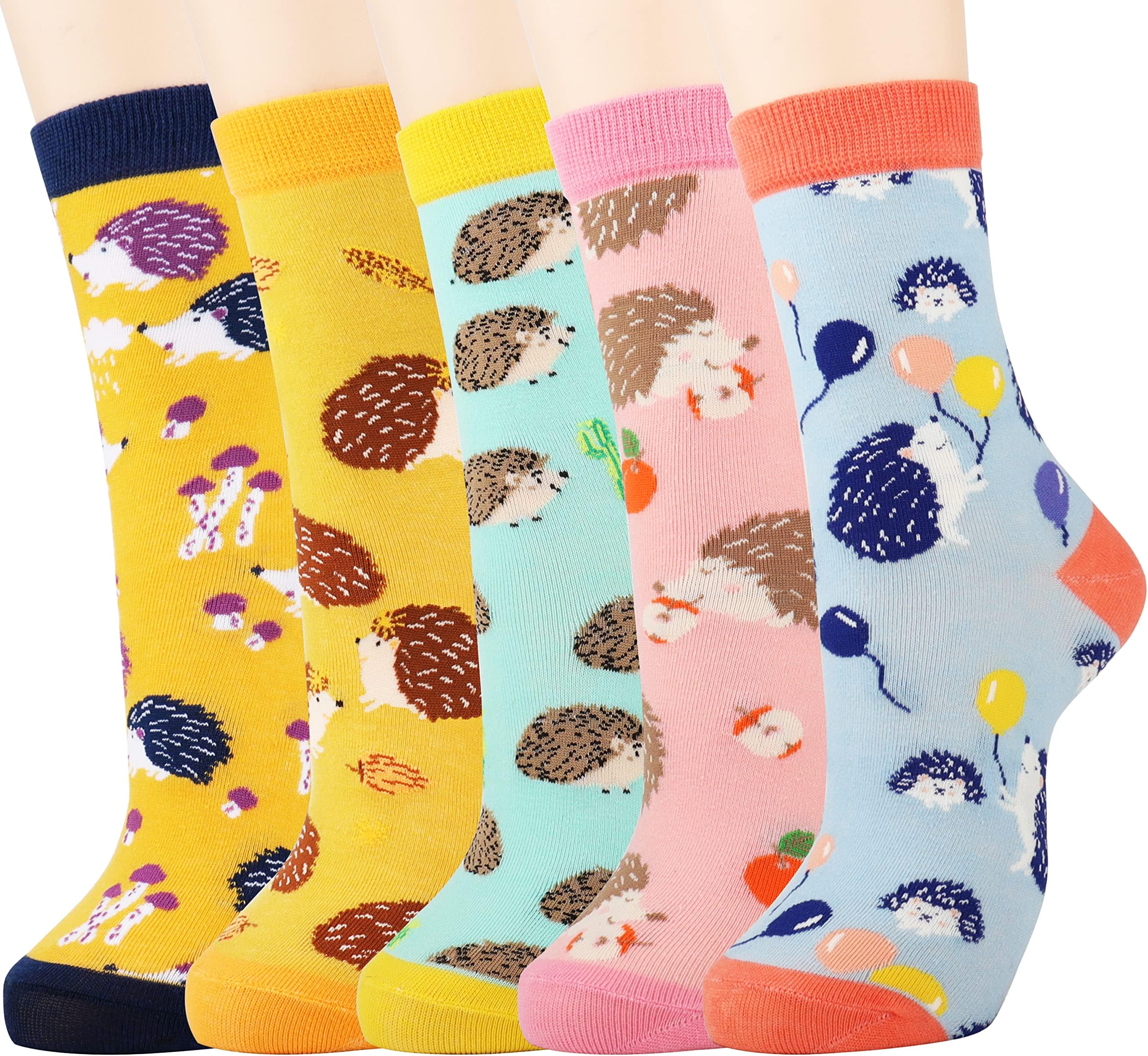 Jeasona 5 Pairs Cotton Socks for Women Size 4-9 Over-ankle Length Animal Themed Cute Patterns
