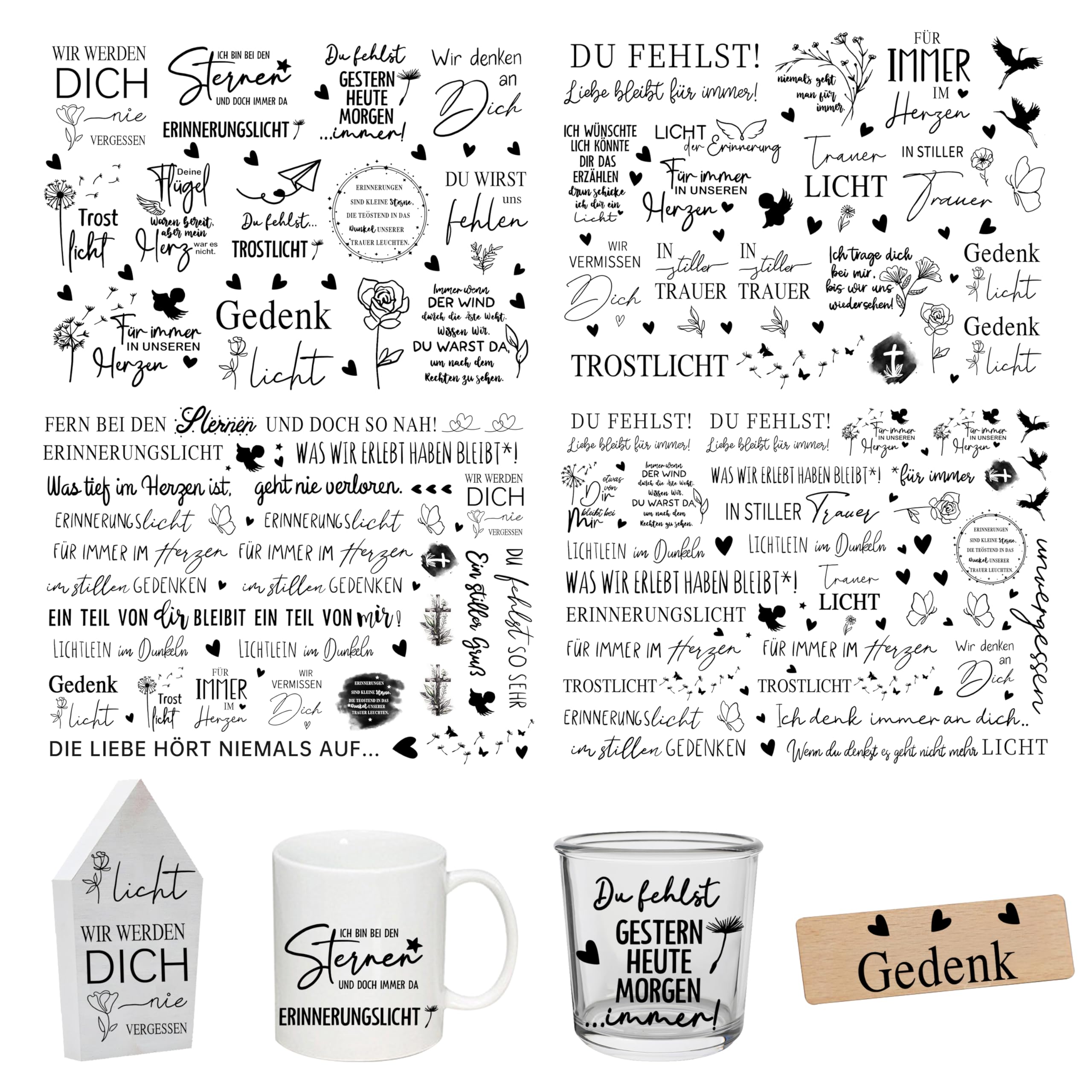 FloraVigo Rub On Sticker ca.A5 19x14cm-Spruch Deko zum Geburtstag, Keraflott, Hochzeit, Zuhause, Wischfolie für Möbel, Glas, Holz, Fotoalbum, DIY Deko, Aufkleberästhetik(4PCS) (TRAUER)