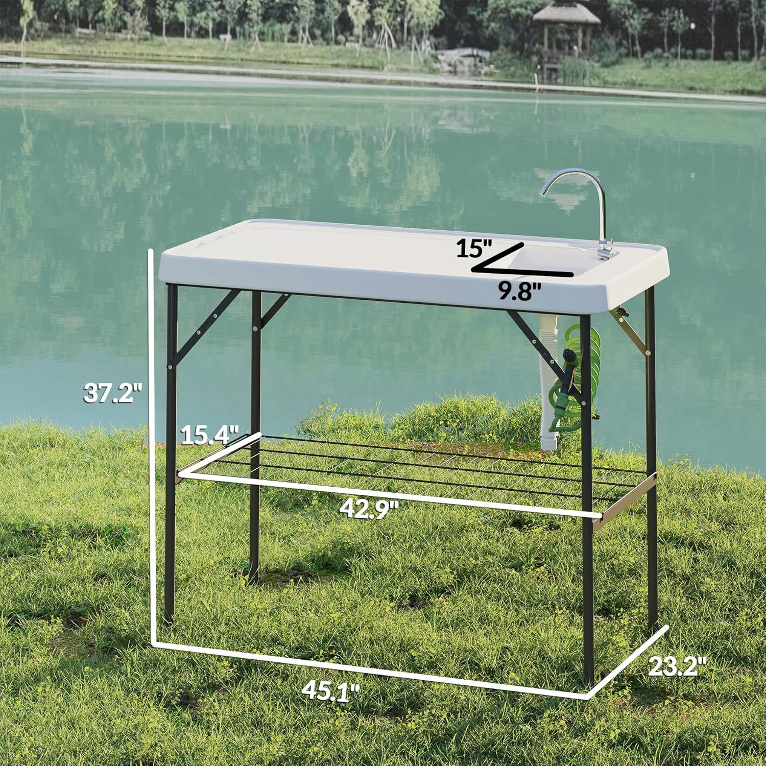 Outsunny Folding Fish Cleaning Table, Portable Camping Sink Station with Faucet, Drainage Hose, Sprayer, Grid Rack and Knife Groove, Outdoor Fillet Table for Picnic Beach Patio, White