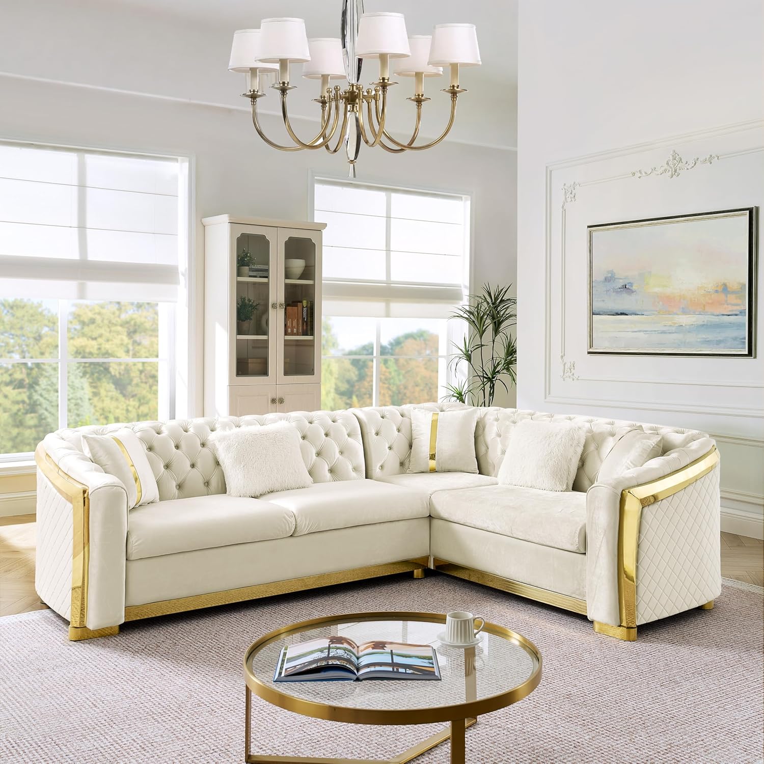 JUSTONE 106-Inch L-Shape Sectional Sofa, 5-Seat Modular Velvet Chesterfield Couch with 5 Pillows, Rolled Arms & Extra Deep Seating, Luxury Couch for Living Room Apartment, Beige