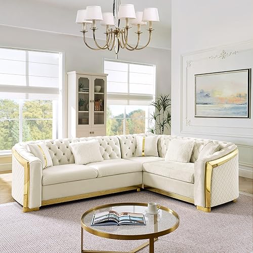 Miniatura 12 de KEIKI Sofá Seccional Chesterfield de Terciopelo de Lujo en Forma de L de 111" con Detalles de Acero Inoxidable Dorado y 7 Almohadas, Sofá de 5