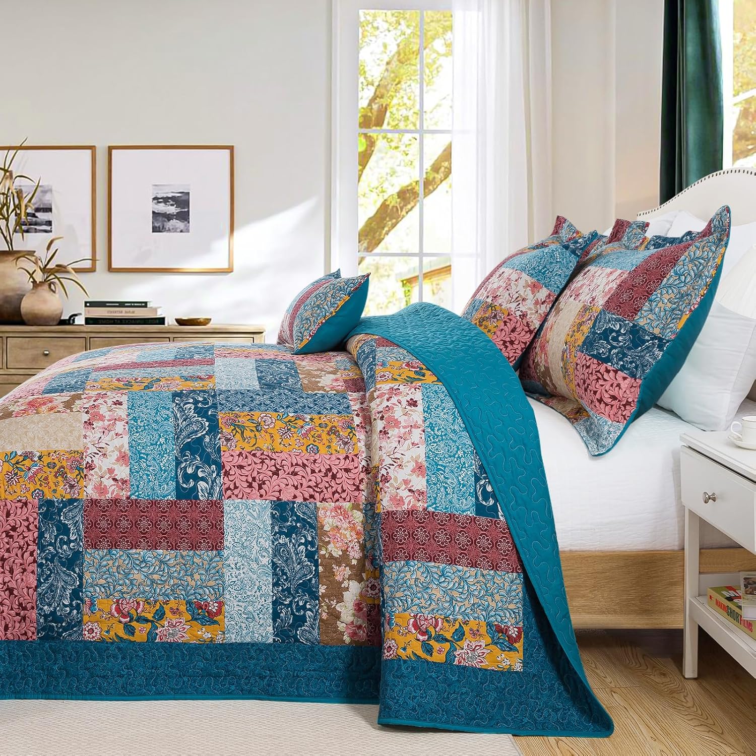 VAPUTAR Cotton Quilt Queen Size Bedding Set, 3 Pieces Queen Quilts for Bed (90 x 98 Inches), Farmhouse Style Queen Size Bedspread, Garden Lightweight Cotton Coverlets for Bedroom - Image 7