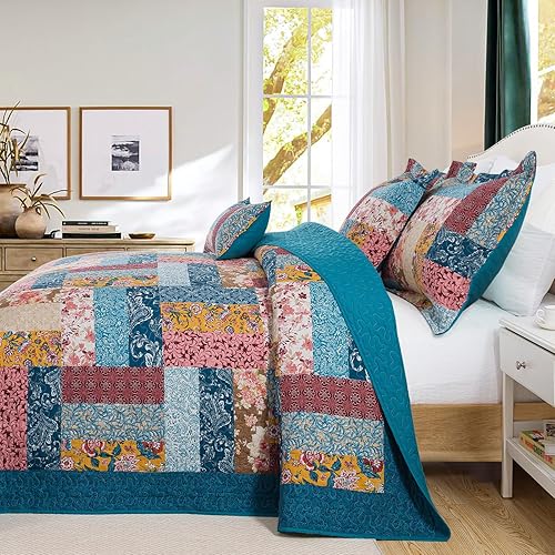 Vista 77 de VAPUTAR Colchas tamaño King – Juego de ropa de cama de algodón de otoño, 3 piezas, ligero, suave, tamaño King, juego de edredón bohemio de algodón