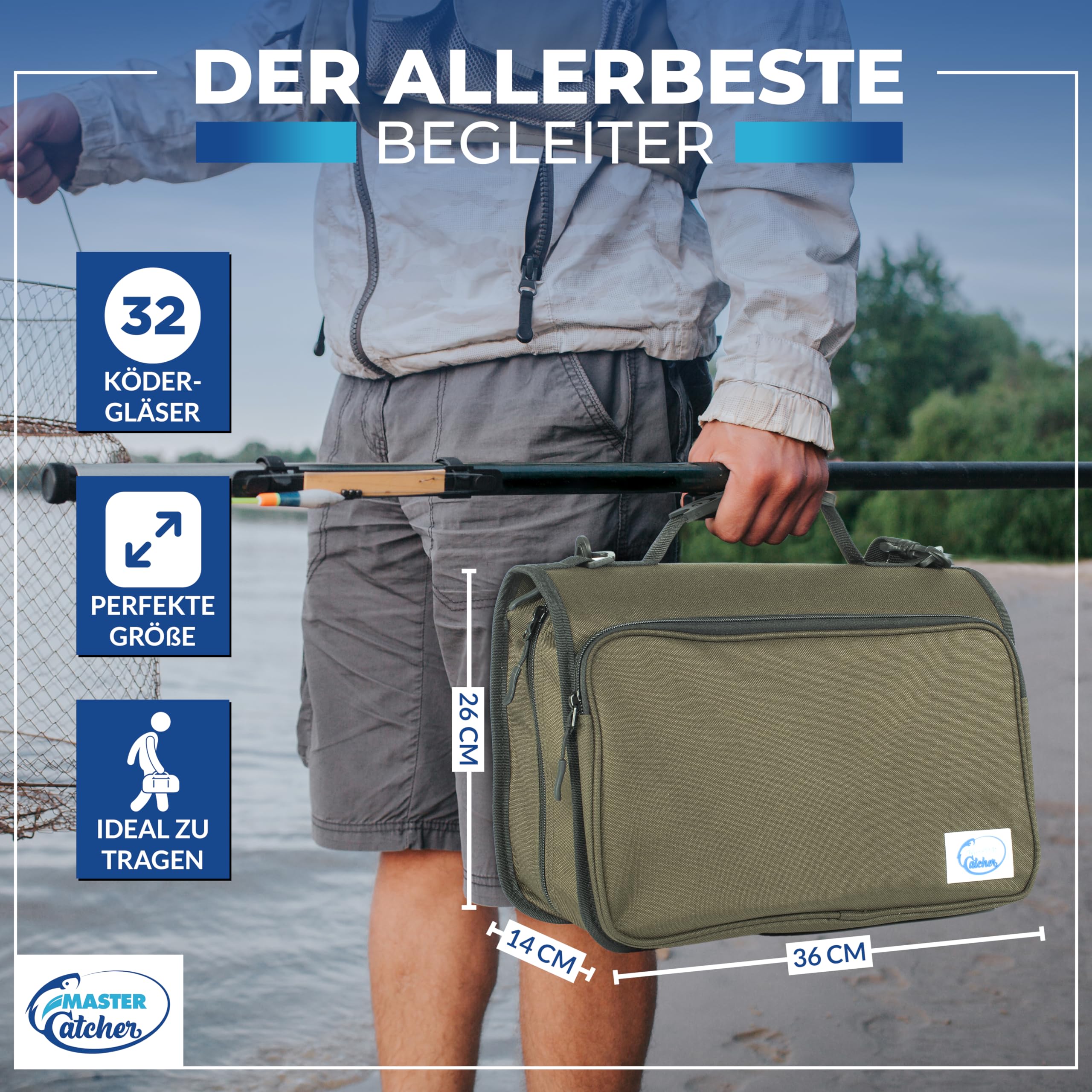 Forellenteig Tasche für 32 Gläser – MasterCatcher® – mehr Kapazität (statt 16–20) – Powerbait / Teiggläser Organizer – wasserabweisend – Designed in Germany