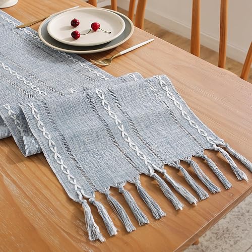 Miniatura 2 de Camino de mesa rústico de 72 pulgadas de largo, camino de mesa bohemio con borlas, camino de mesa de granja para fiestas de vacaciones, decoración