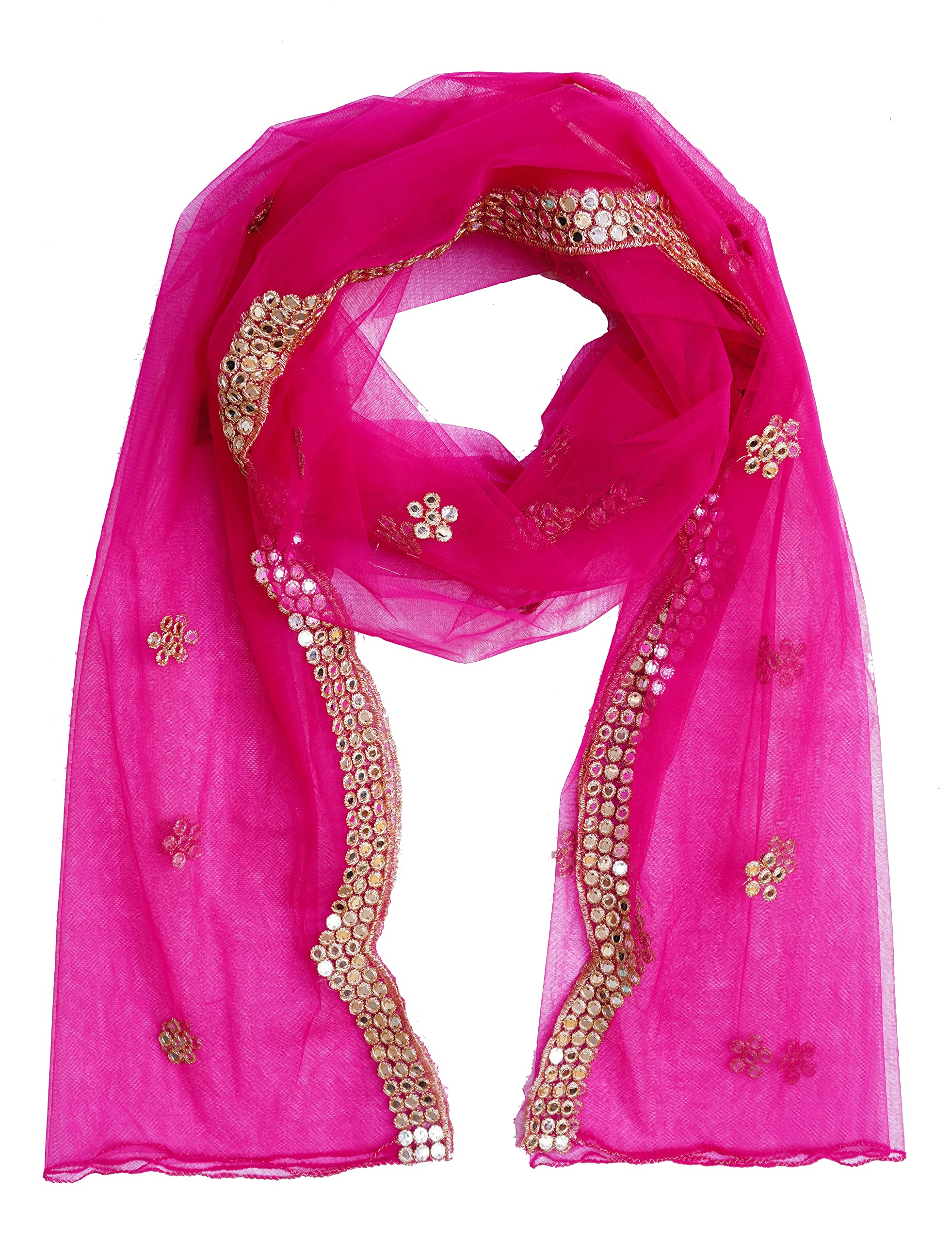 Embroidered & Embellished Plastic Mirror Net Dupatta for Womens & Girls With Curve Cut Work Fancy Design