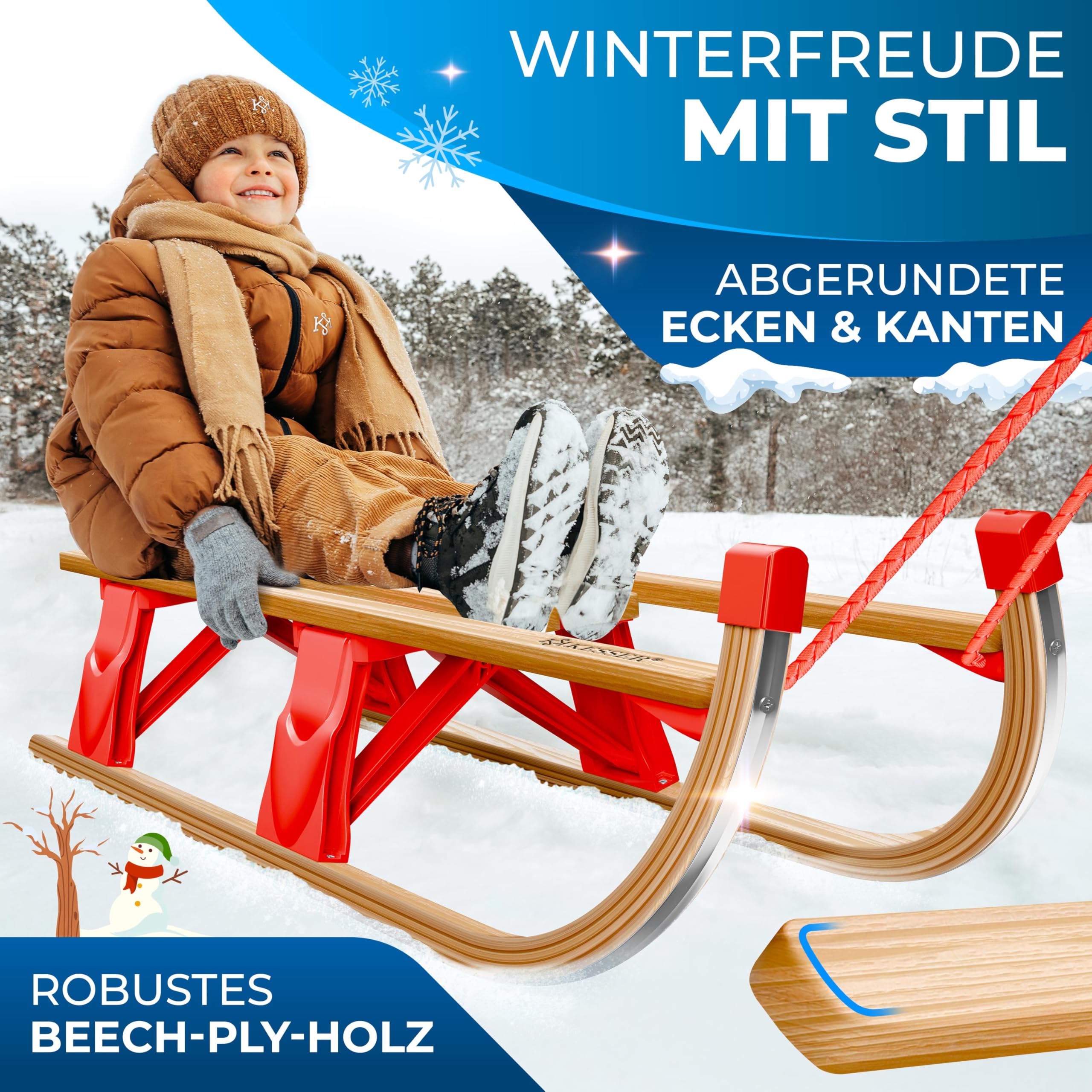 KESSER® Trineo de Madera Premium, Trineo Plegable para niños, Trineo de Madera de Haya Plegable para niños con Cuerda de Arrastre y Cuchillas de Metal.
