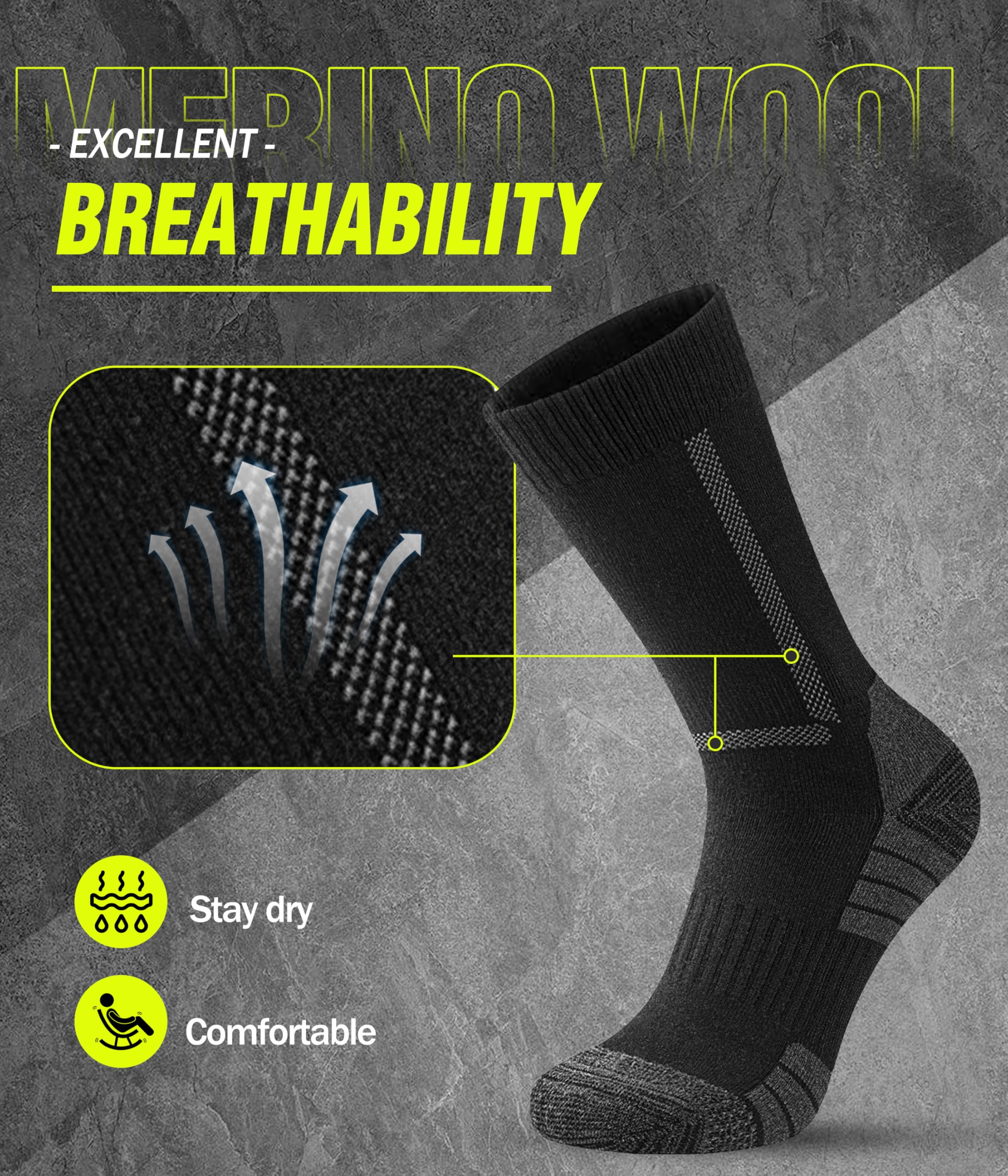 YESWEL 3 Pary Merino Skarpet Trekkingowych Dla Mężczyzn i Kobiet, 60% Wełna Merino Skarpety Termiczne, Zimowe Skarpety Zewnętrzne Z Amortyzacją Na Trekking i Sport