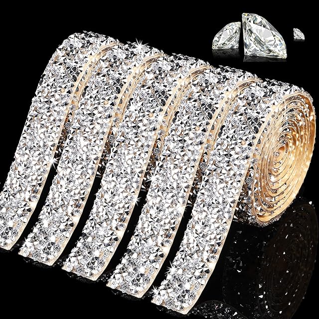 5 Rolls Crystal Rhinestone Ribbon Shiny Rhinestone Ribbon Resin Diamond Ribbon Self-Adhesive Crystal Rhinestone Diamond Ribbon Bling Ribbon for Arts Crafts DIY Party Decor(Silver,Basic Style)