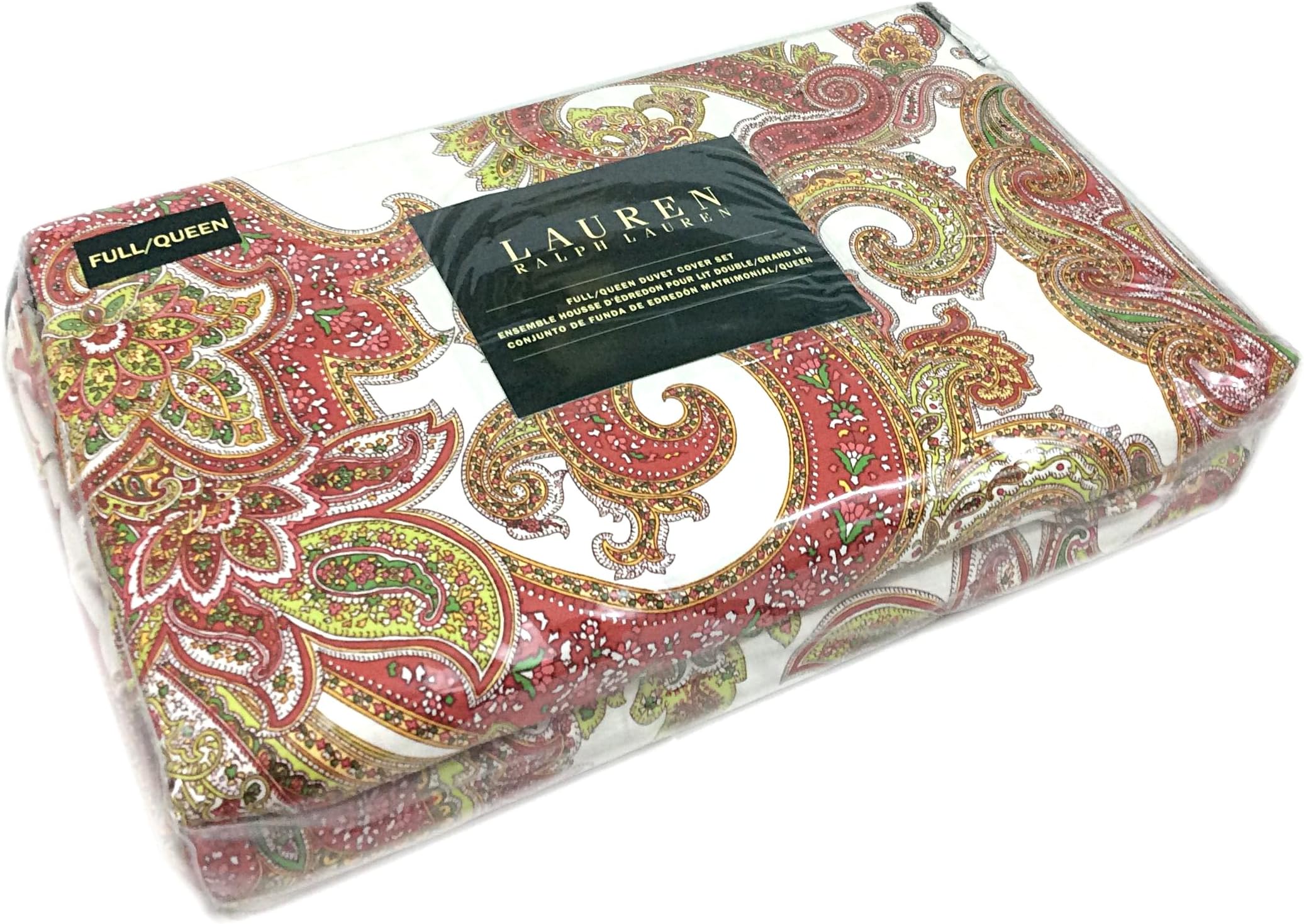 Ralph Lauren Paisley Medallion Scrolls Reversible to Stripes Duvet cover 3pc Full/Queen Duvet Cover Set Red Green Yellow Boteh Pattern (Full/Queen)
