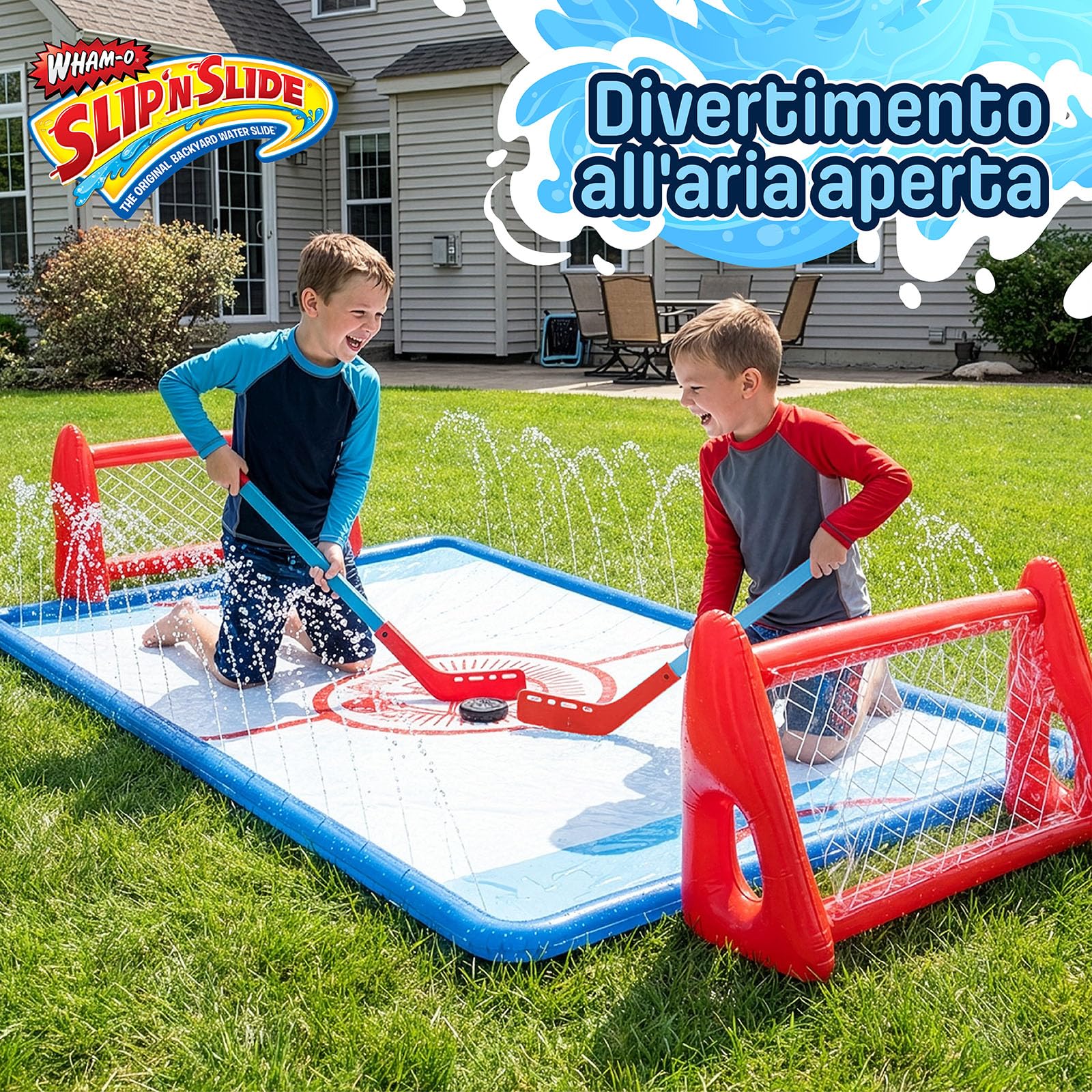 Wham-O Slip N Slide Set Hockey Acqua Ginocchio da Giardino, Include 2 Porte Gonfiabili, 2 Bastoni, 1 Disco Gonfiabile