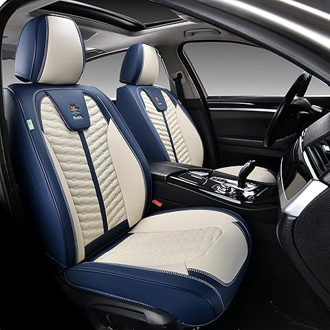 FLORICH Front Seat Covers, Leather Seat Covers, Universal Car Seat Covers 2PCS, Waterproof Car Seat Protector, Driver Seat Cover Accessories for Trucks SUV Sedans-Blue&White