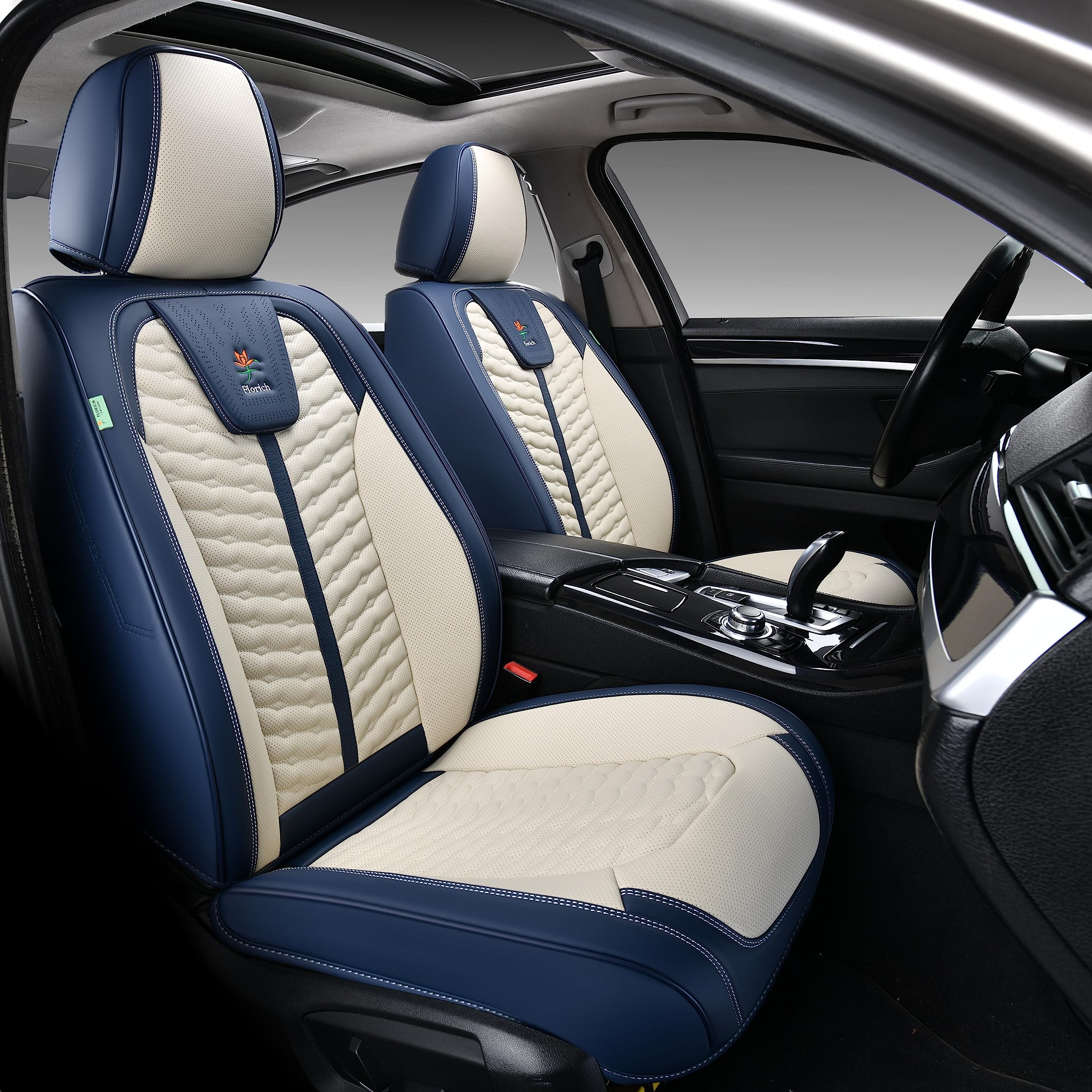 FLORICH Front Seat Covers, Leather Seat Covers, Universal Car Seat Covers 2PCS, Waterproof Car Seat Protector, Driver Seat Cover Accessories for Trucks SUV Sedans-Blue&White