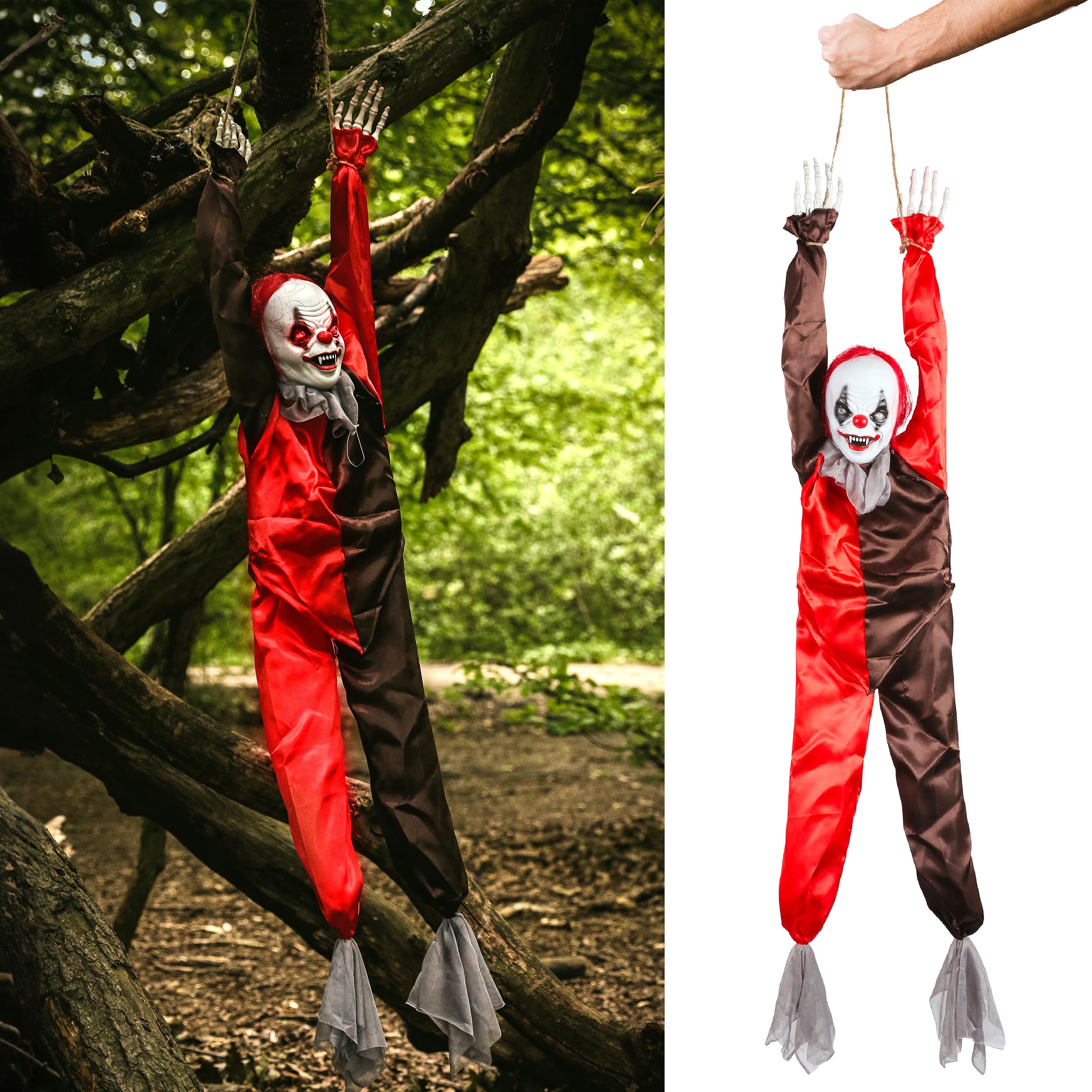 ILOVEFANCYDRESS KILLER CLOWN HALLOWEEN DECORATION - NOISE ACTIVATED SCARY HANGING CLOWN PROP WITH RED LIGHT UP EYES, GHOULISH SOUNDS & MOTORISED LEG MOVEMENT