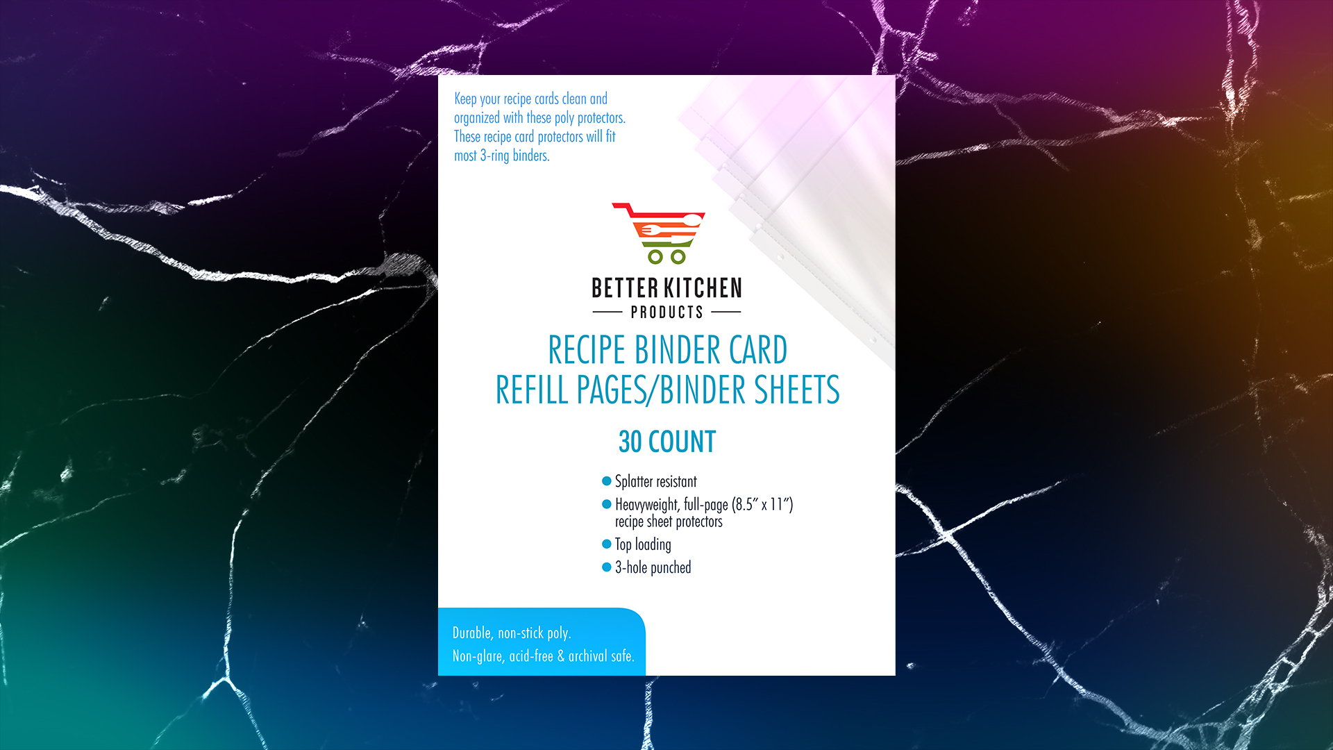 Amazon.com: Recipe Sheet Protectors Full Page, 8.5 x 11 inch, 30 Pack,  Heavyweight, Top Load, by Better Kitchen Products, Page Protector Binder  Sheets, 3-Hole Punched, for Recipe Binders, 30 Pack : Home & Kitchen