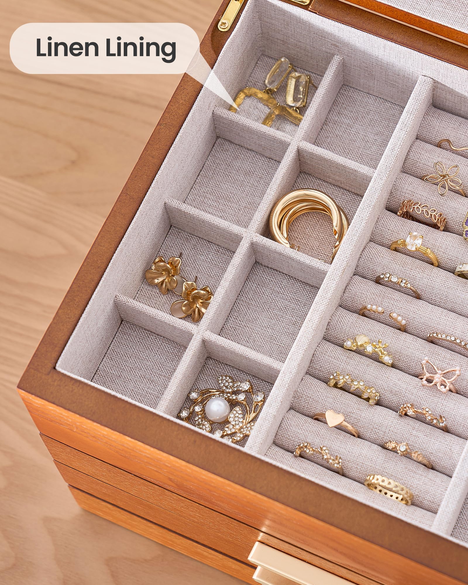 Lolalet Joyero de Madera, Cofre Organizador con Ventana Transparente, Caja para Collares, Pulseras, Pendientes y Anillos -Caja Elegante para Regalo y Almacenamiento– Cereza, 4 Capas