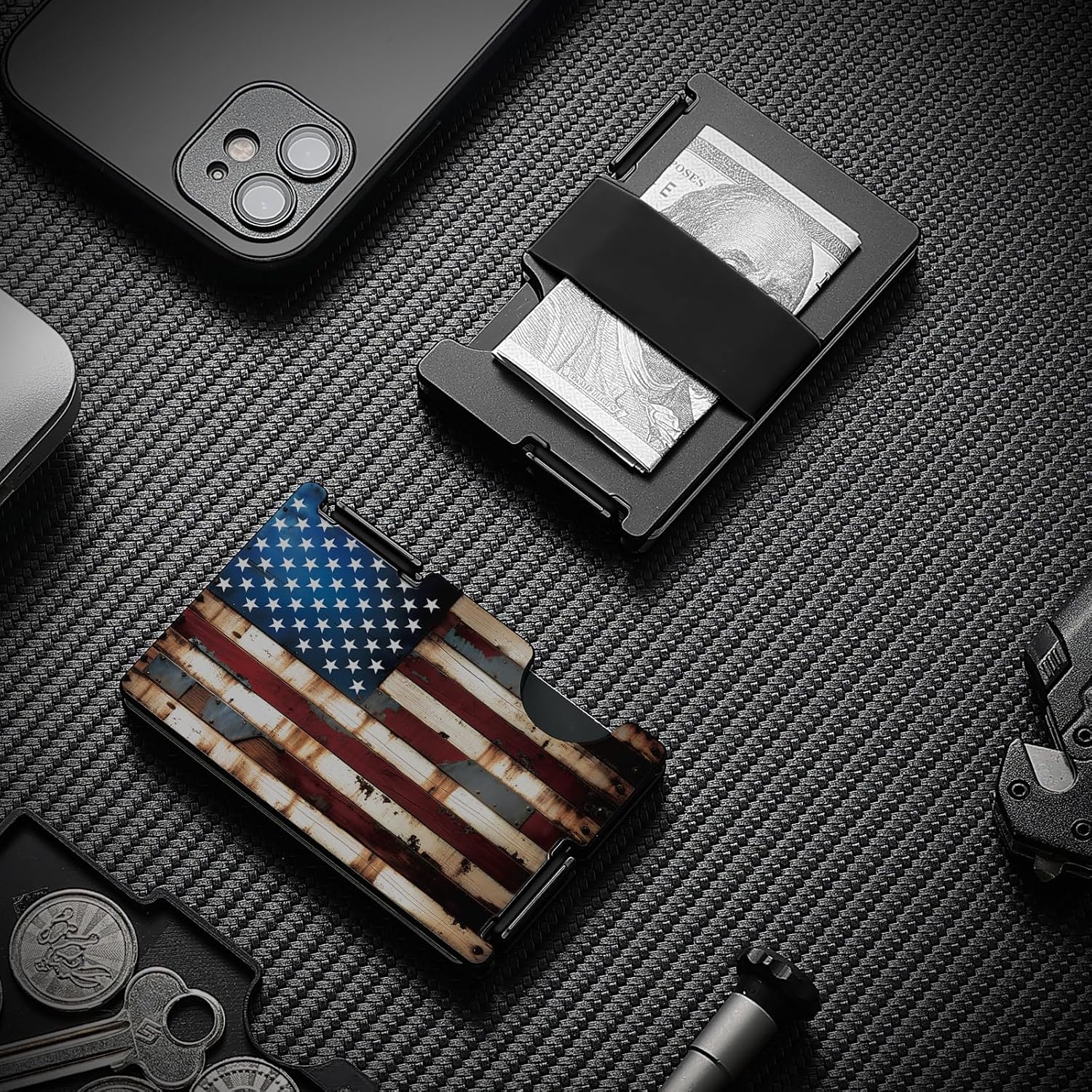 Minimalist Metal Wallet for Men, Ultra-Thin Aluminum Card Holder with Cash Strap, Front Pocket Slim RFID Blocking Wallet, Personalized American Flag-03
