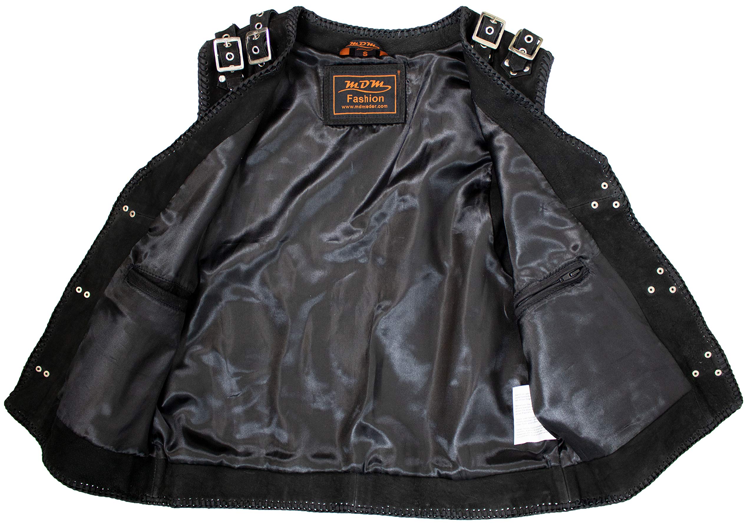 Gilet da biker con fibbie, in vera pelle di bufalo, nero opaco