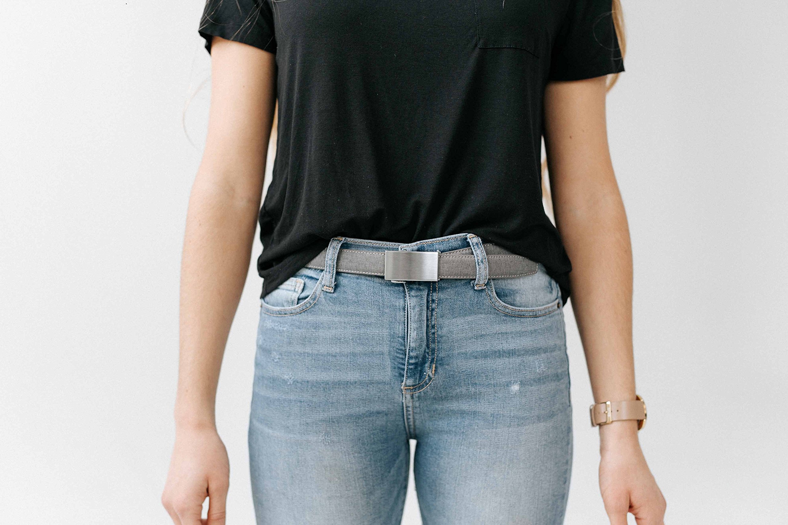 Mission Belt Women's Ratchet Belt - 30mm Platinum Buckle/Stone Gray Canvas Strap, Extra Large (Up to 42